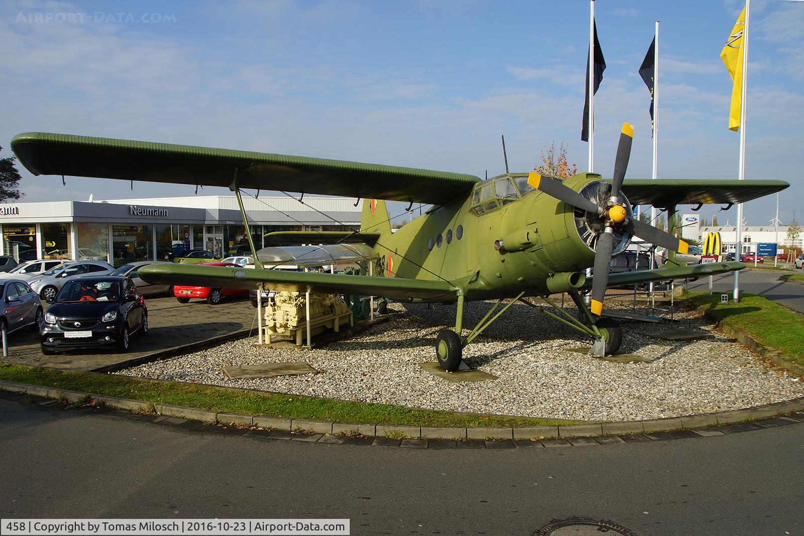 458, 1957 Antonov An-2T C/N 17807, Ex 458 (East German Air Force), ex DDR-SKI (Interflug). Displayed of a car dealer in Wolgast (North Eastern Germany) as an eye catcher.