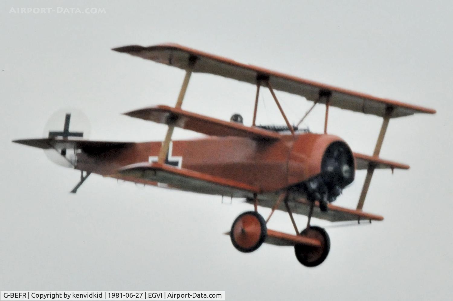 G-BEFR, 1976 Fokker Dr.1 Triplane Replica C/N WA1, At the 1981 International Air Tattoo, scanned from slide.