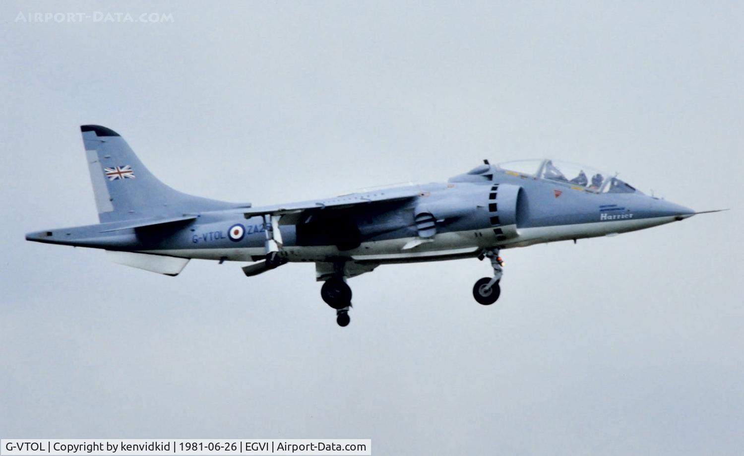G-VTOL, 1970 Hawker Siddeley Harrier T.52 C/N B3-41H-735795, At the 1981 International Air Tattoo, scanned from slide.