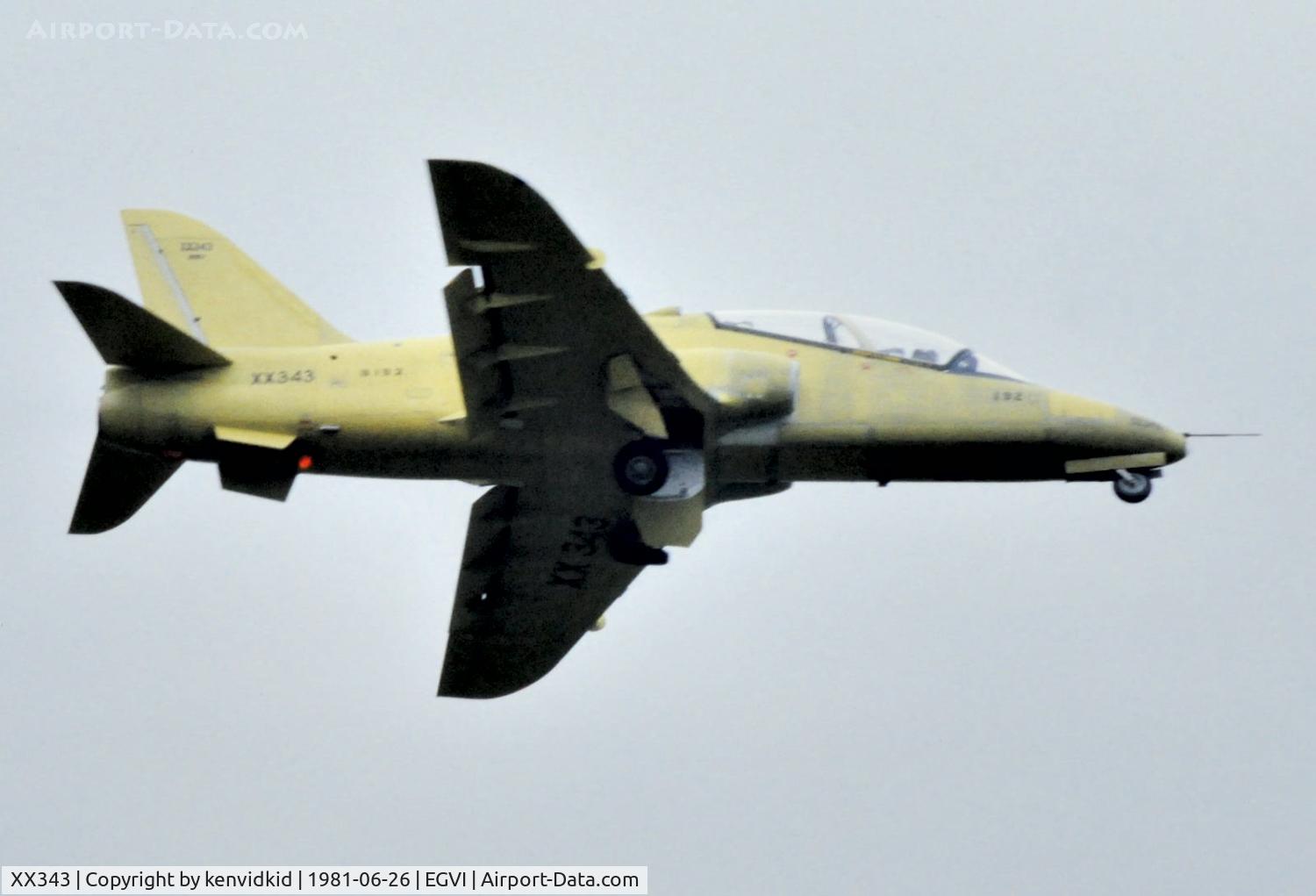 XX343, 1981 Hawker Siddeley Hawk T.1 C/N 192/312167, At the 1981 International Air Tattoo, performing a flypast from Boscombe Down, scanned from slide.