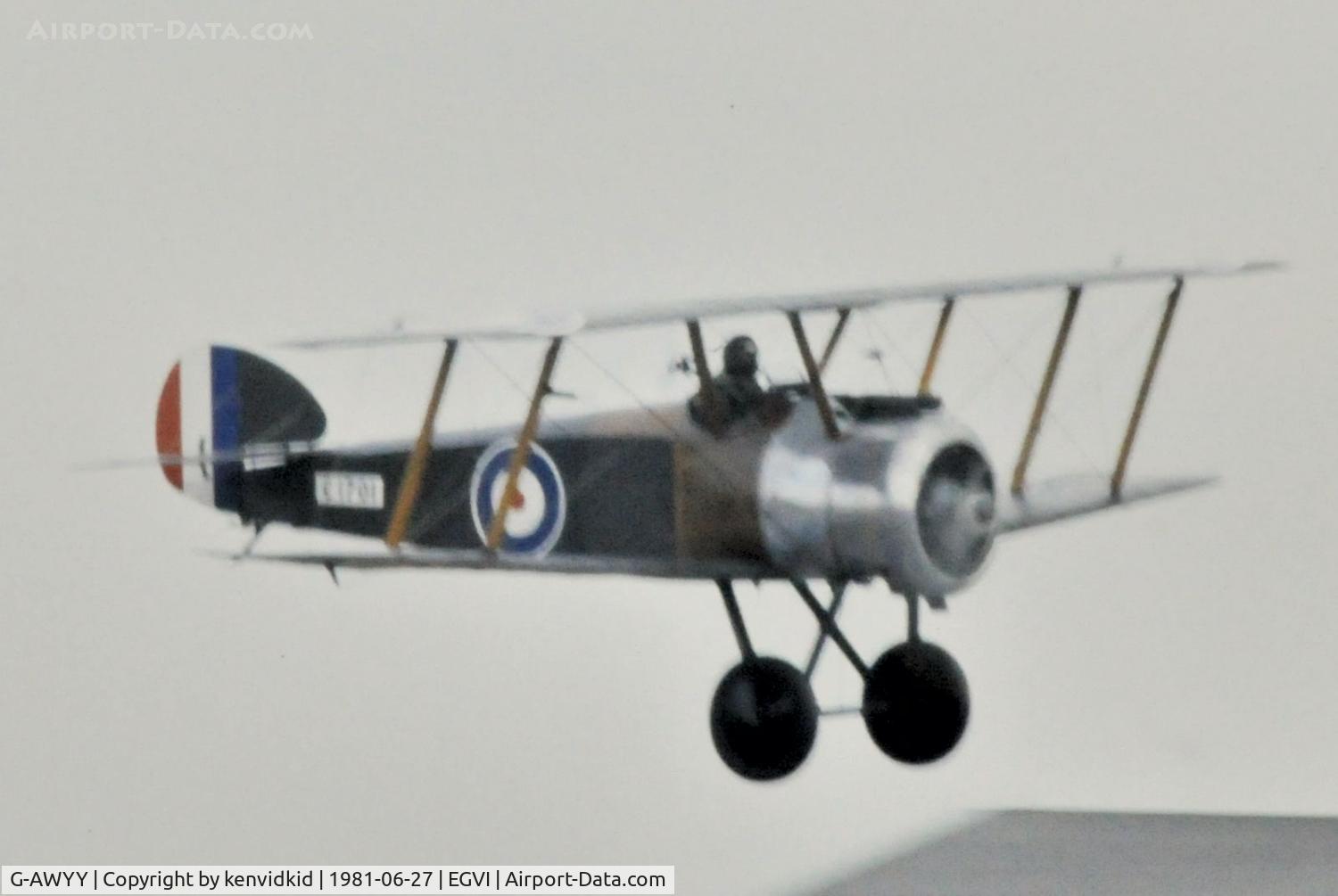 G-AWYY, 1969 Slingsby Sopwith F-1 Camel Replica C/N 1701, At the 1981 International Air Tattoo, scanned from slide.