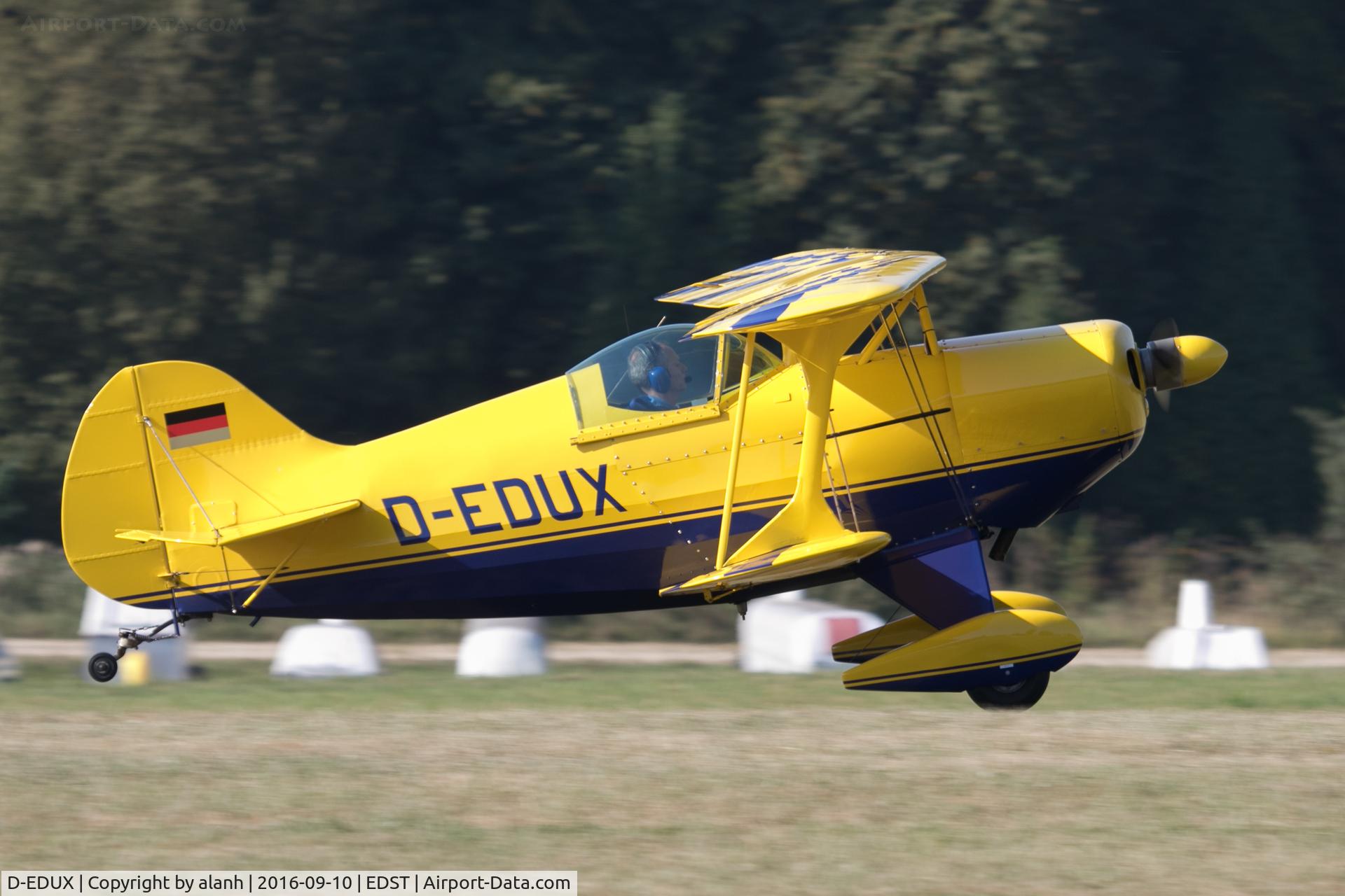D-EDUX, 1975 Pitts S-1S Special C/N AB-K-025, Arriving at the 2016 Hahnweide Oldtimer Fliegertreffen