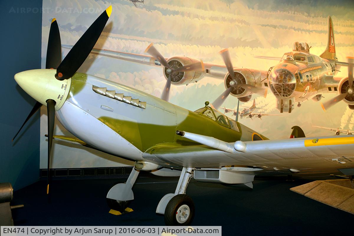 EN474, Supermarine 351 Spitfire HF.VIIc C/N 6S/171652, On display in the World War II Aviation exhibition at the National Air and Space Museum. This high-altitude Spitfire Mk. VII, one of 140 produced, was shipped as new to the USAAF in 1943 for evaluation.