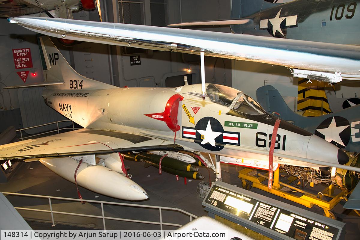 148314, Douglas A-4C Skyhawk C/N 12624, On display in the Sea-Air Operations exhibition at the National Air and Space Museum.  This Skyhawk is painted in the colors of VA-76 'Spirits' aboard USS Bon Homme Richard in 1967. Cdr. R.B. Fuller, CO of VA-76 was shot down on July 14, 1967 over Vietnam