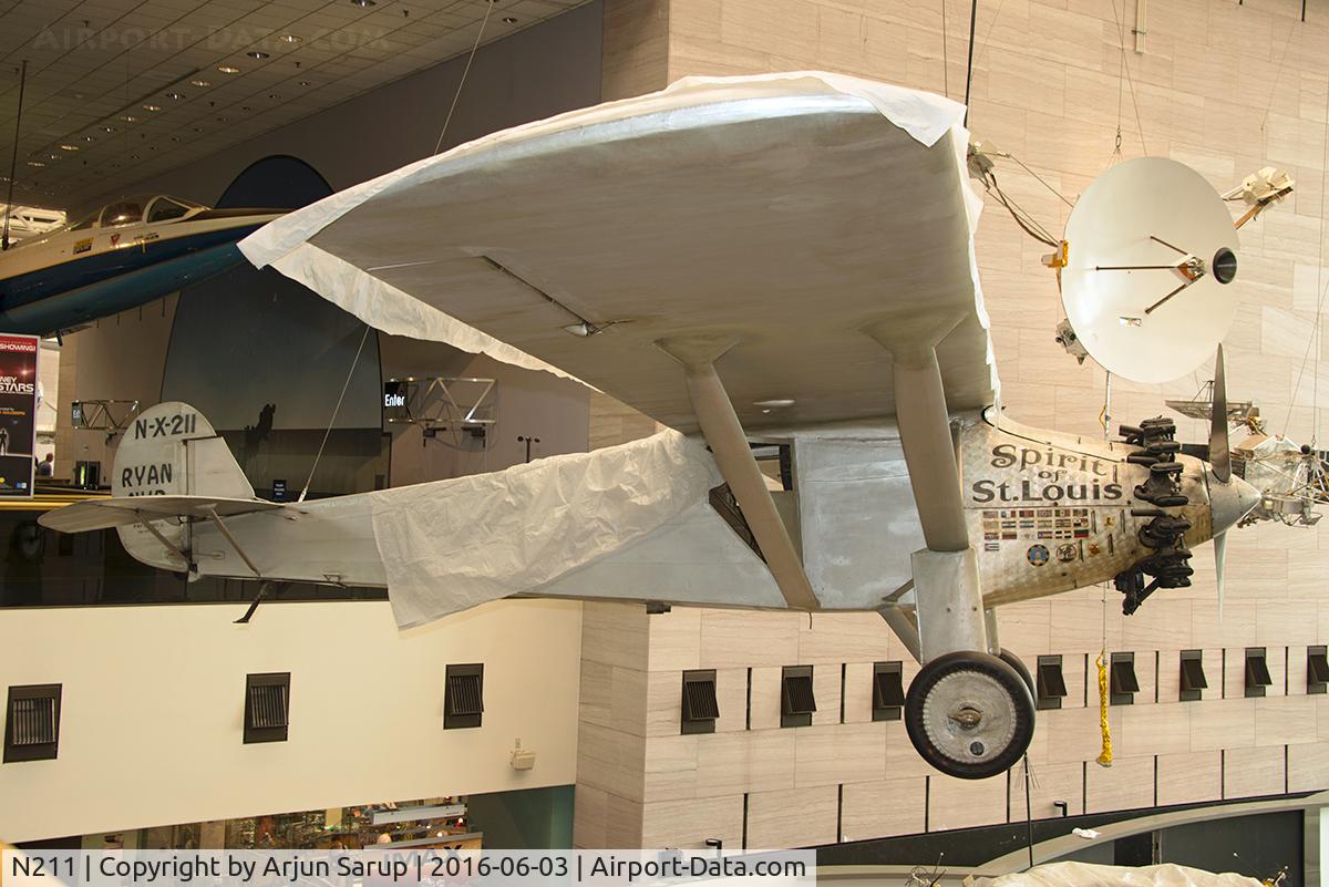 N211, 1927 Ryan NYP C/N 1, The original 'Spirit of St. Louis' under protective sheets in the Boeing Milestones of Flight Hall at the National Air and Space Museum. Charles Lindbergh took 33 hours 30 min. to cross the Atlantic solo from New York to Paris non-stop in May 1927.