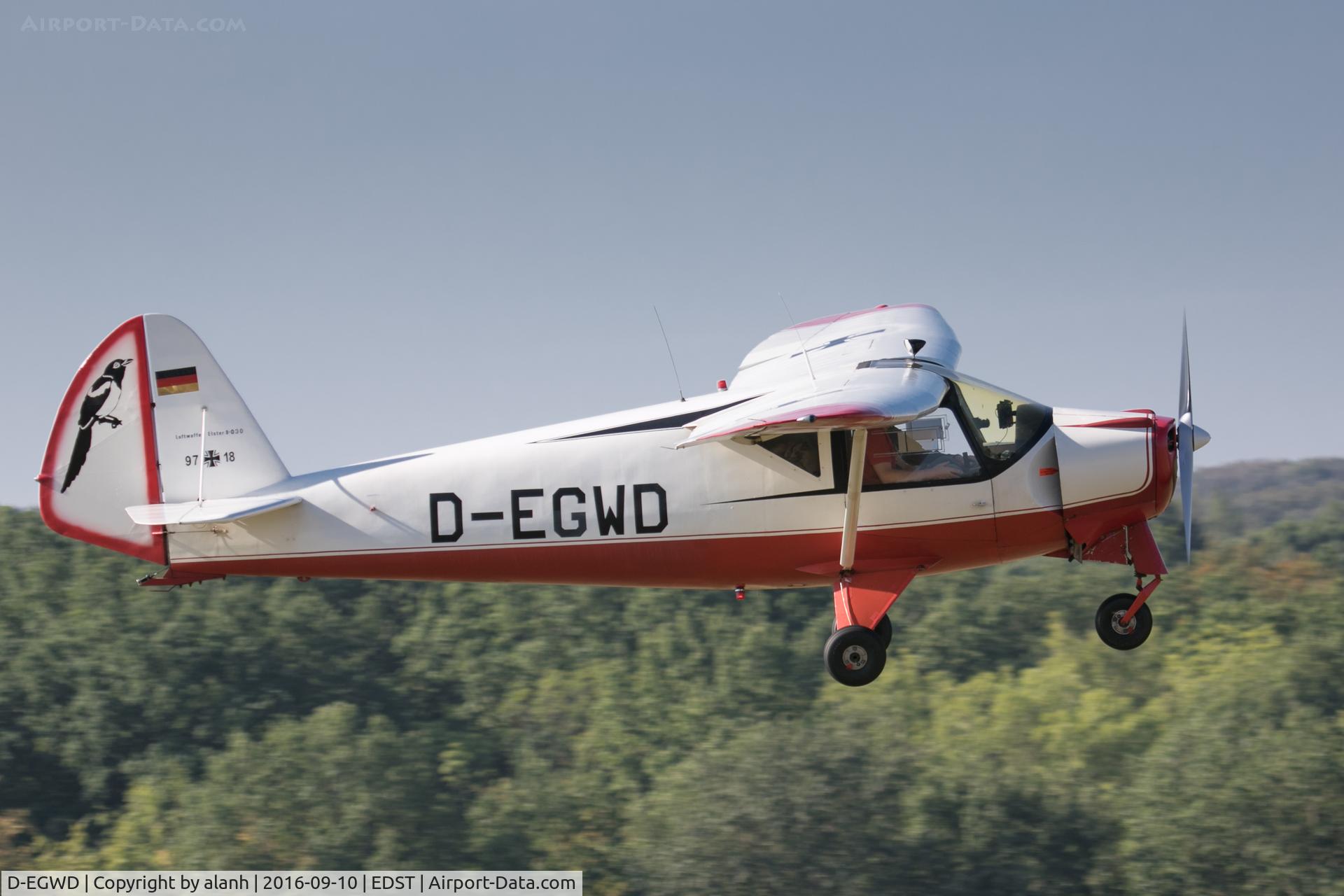D-EGWD, 1961 Putzer Elster B C/N 030, Arriving at the 2016 Hahnweide Oldtimer Fliegertreffen