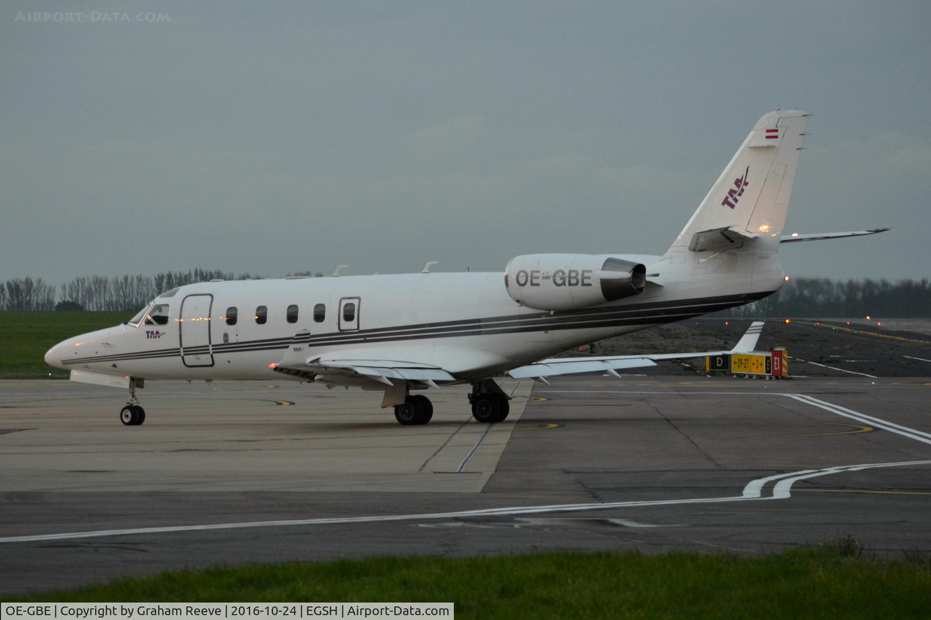 OE-GBE, 1998 Israel Aircraft Industries 1125A Astra SPX C/N 107, Just landed in failing light.