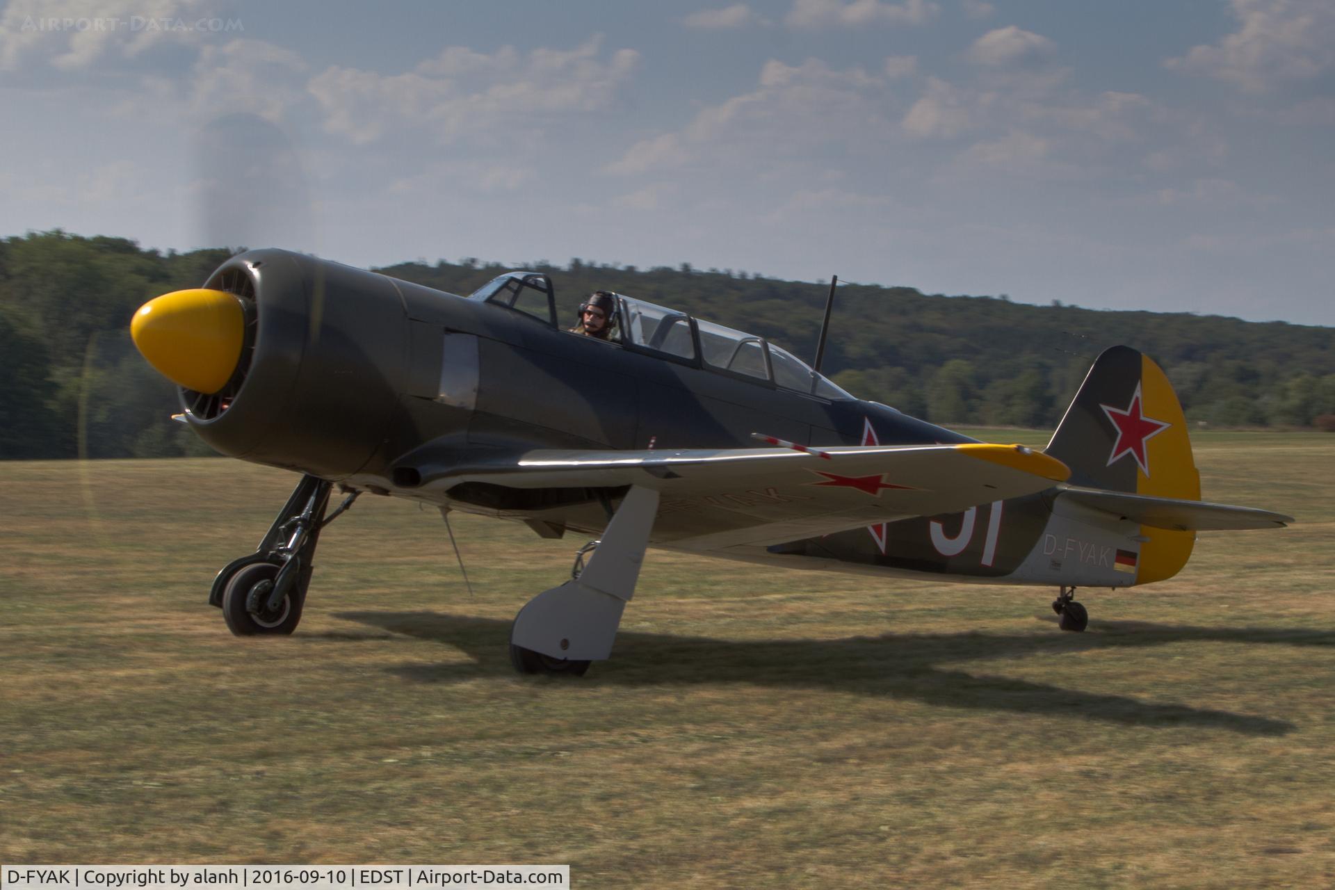 D-FYAK, 1953 Yakovlev Yak-11 C/N 170103, Taxying for a display flight at the 2016 Hahnweide Oldtimer Fliegertreffen