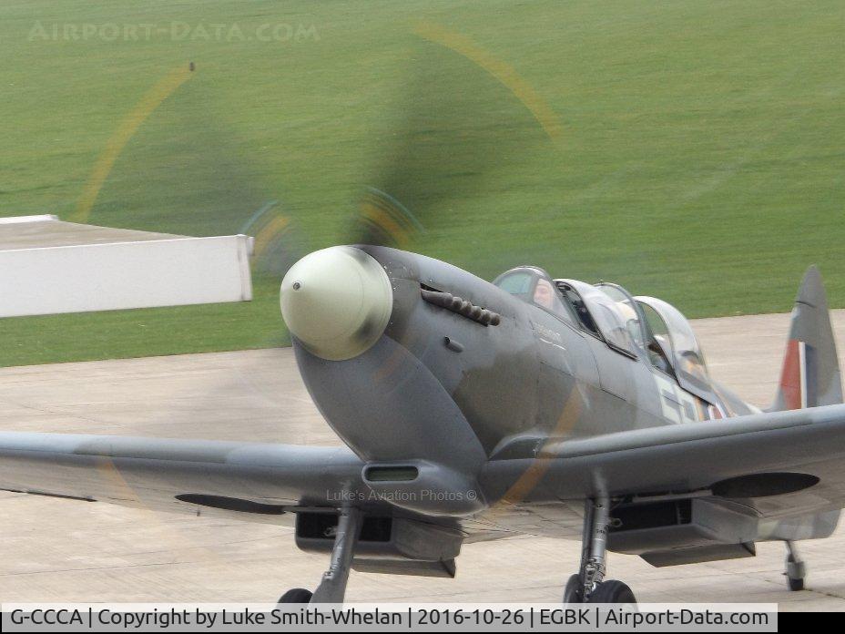 G-CCCA, 1944 Supermarine 509 Spitfire TR.IXc C/N CBAF.9590, Parking at Sywell to get fuel.