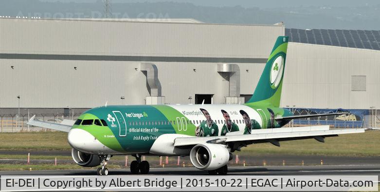EI-DEI, 2005 Airbus A320-214 C/N 2374, Aer Lingus Irish Rugby-liveried Airbus A320 arriving at Belfast City from Faro.