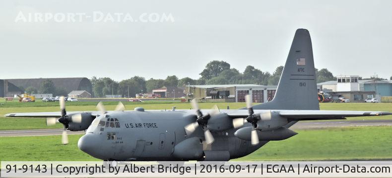 91-9143, 1991 Lockheed C-130H Hercules C/N 382-5296, USAF Hercules departing Belfast International.