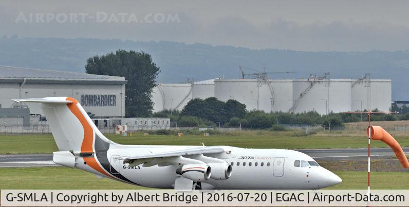 G-SMLA, 1985 British Aerospace BAe.146-200 C/N E2047, Crusaders FC football charter returning from Copenhagen.