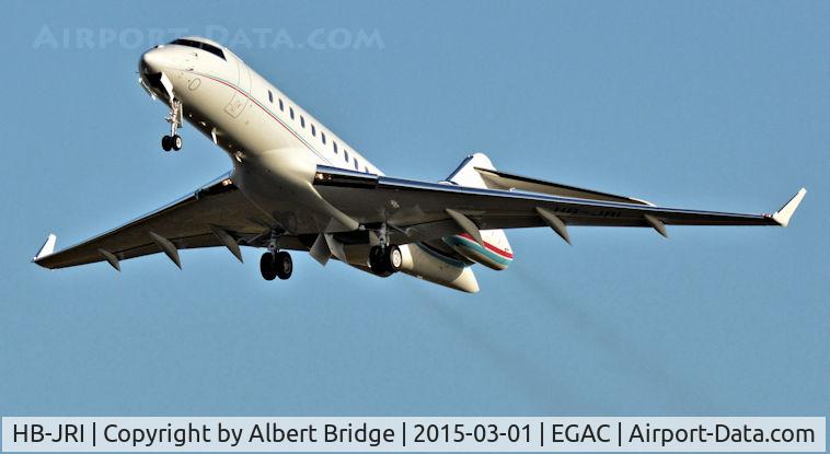 HB-JRI, 2014 Bombardier BD-700-1A11 Global 5000 C/N 9627, Departing Belfast City.
