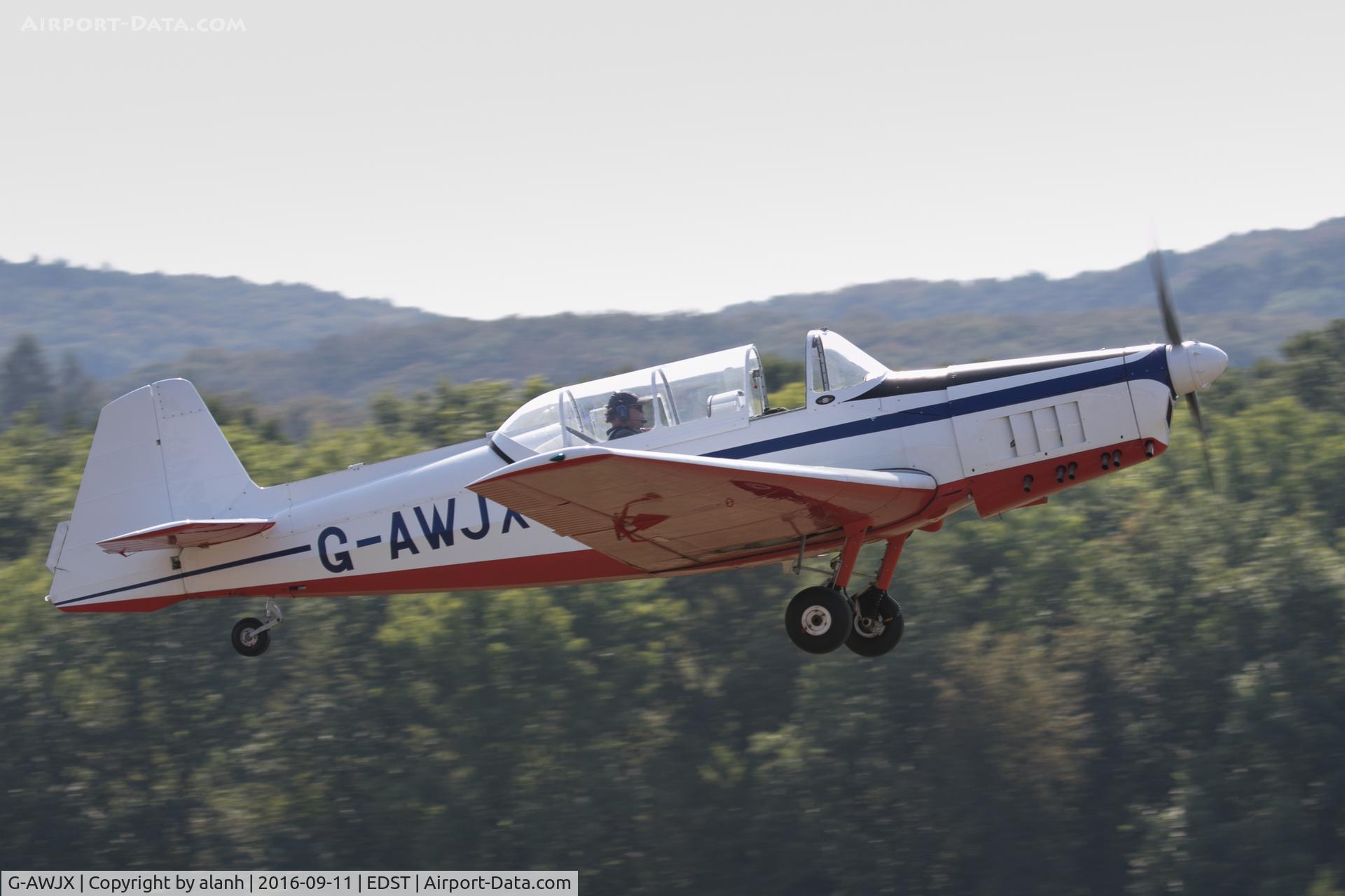 G-AWJX, 1968 Zlin Z-526 Trener Master C/N 1049, Departing the 2016 Hahnweide Oldtimer Fliegertreffen