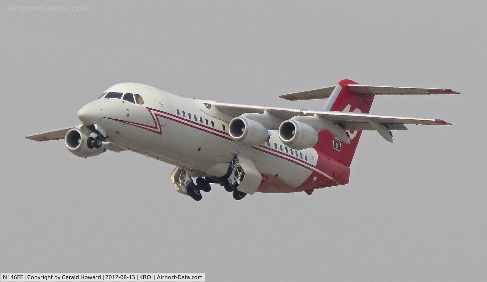 N146FF, 1986 British Aerospace BAe.146-200A C/N E2049, Departing RWY 10L for fire tanker mission.