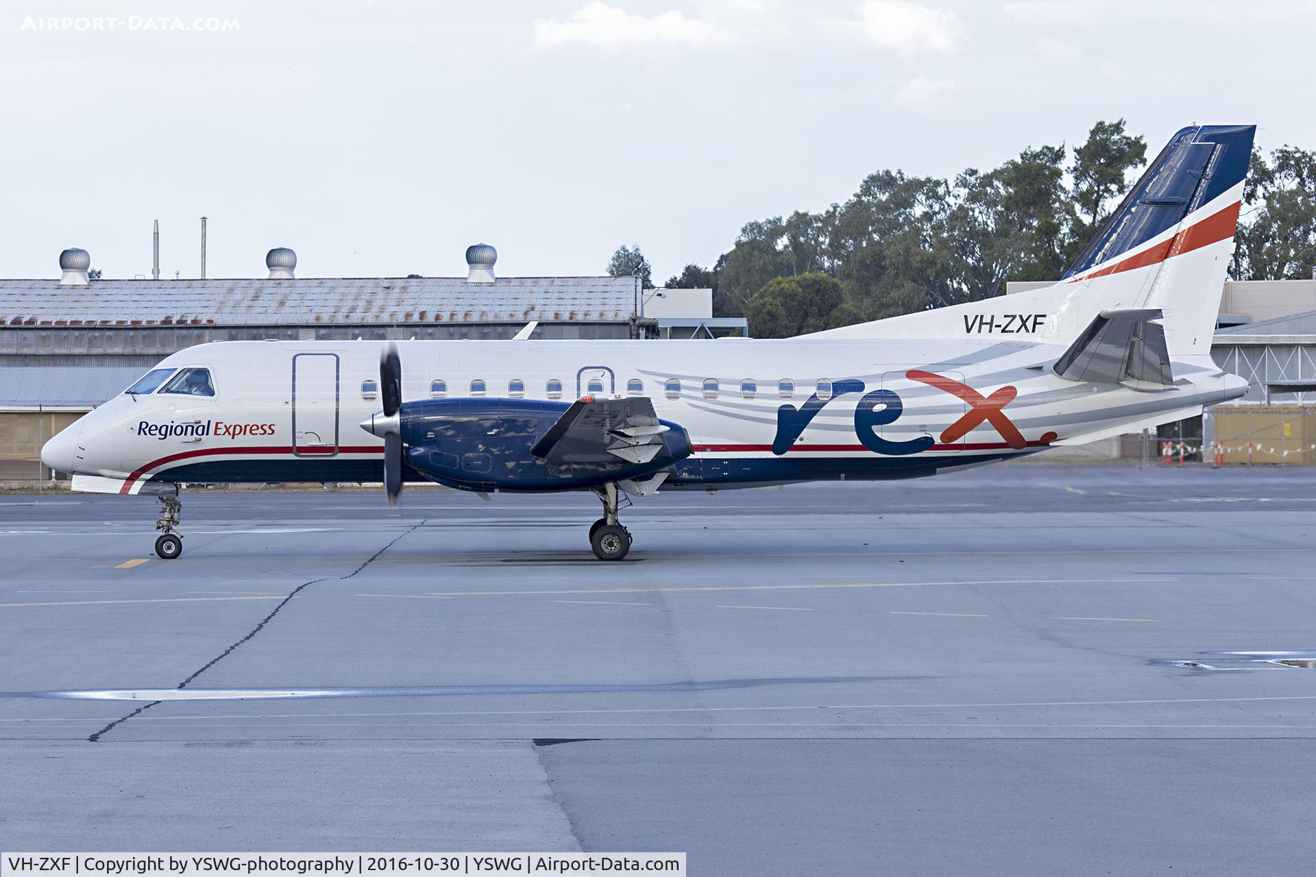 VH-ZXF, 1997 Saab 340B C/N 340B-416, Regional Express Airlines (VH-ZXF), now wearing REX livery over the ex US Airways Express livery, Saab 340B at Wagga Wagga Airport
