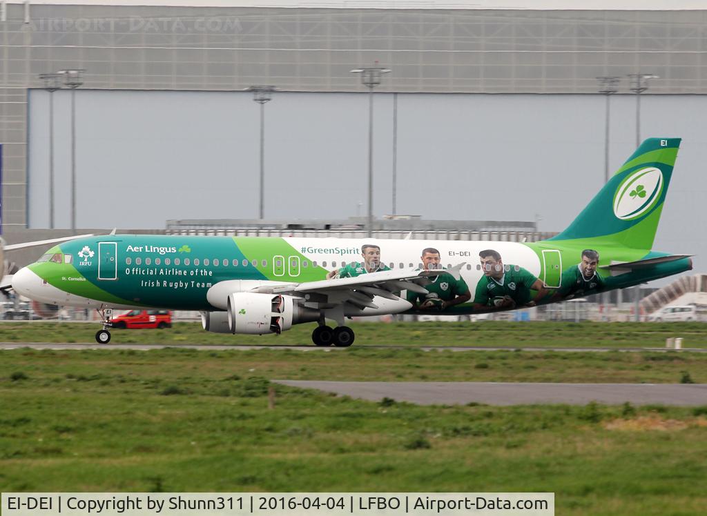 EI-DEI, 2005 Airbus A320-214 C/N 2374, Landing rwy 14R in special Irish Rugby c/s