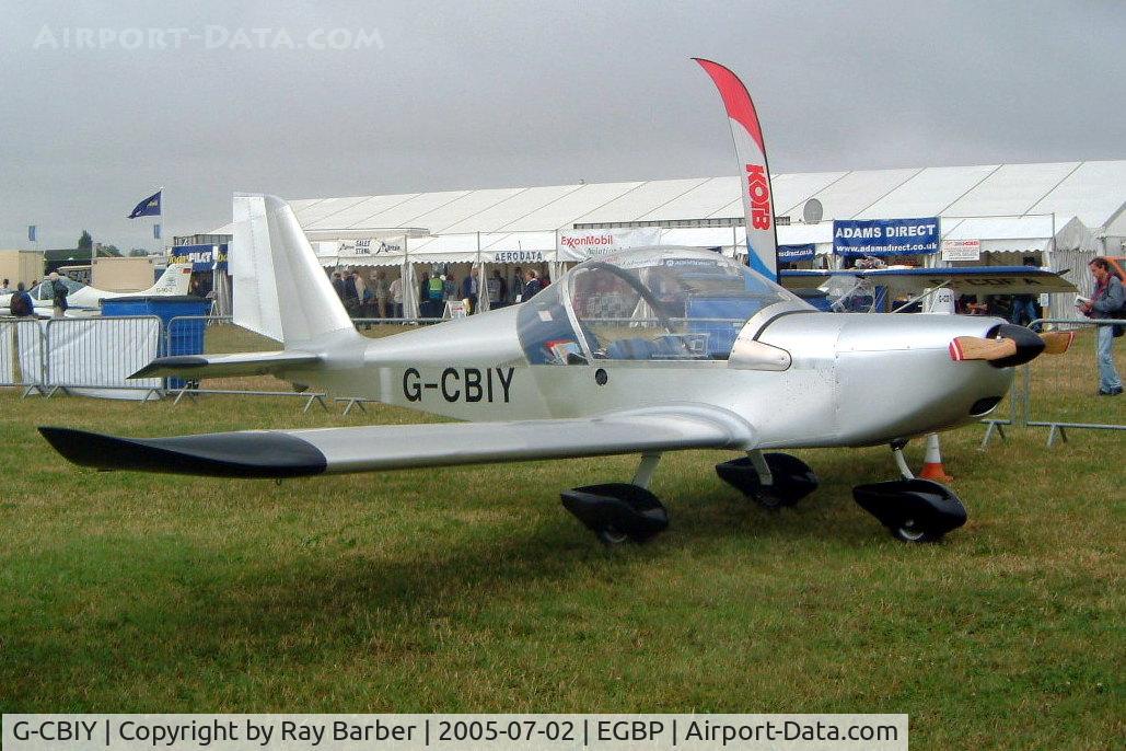 G-CBIY, 2002 Aerotechnik EV-97 Eurostar C/N PFA 315-13846, Evektor EV-97 Eurostar [PFA 315-13846] Kemble~G 02/07/2005. Seen here with standard wooden propeller in 2006 all black propeller to match wing tips and wheel fairings..