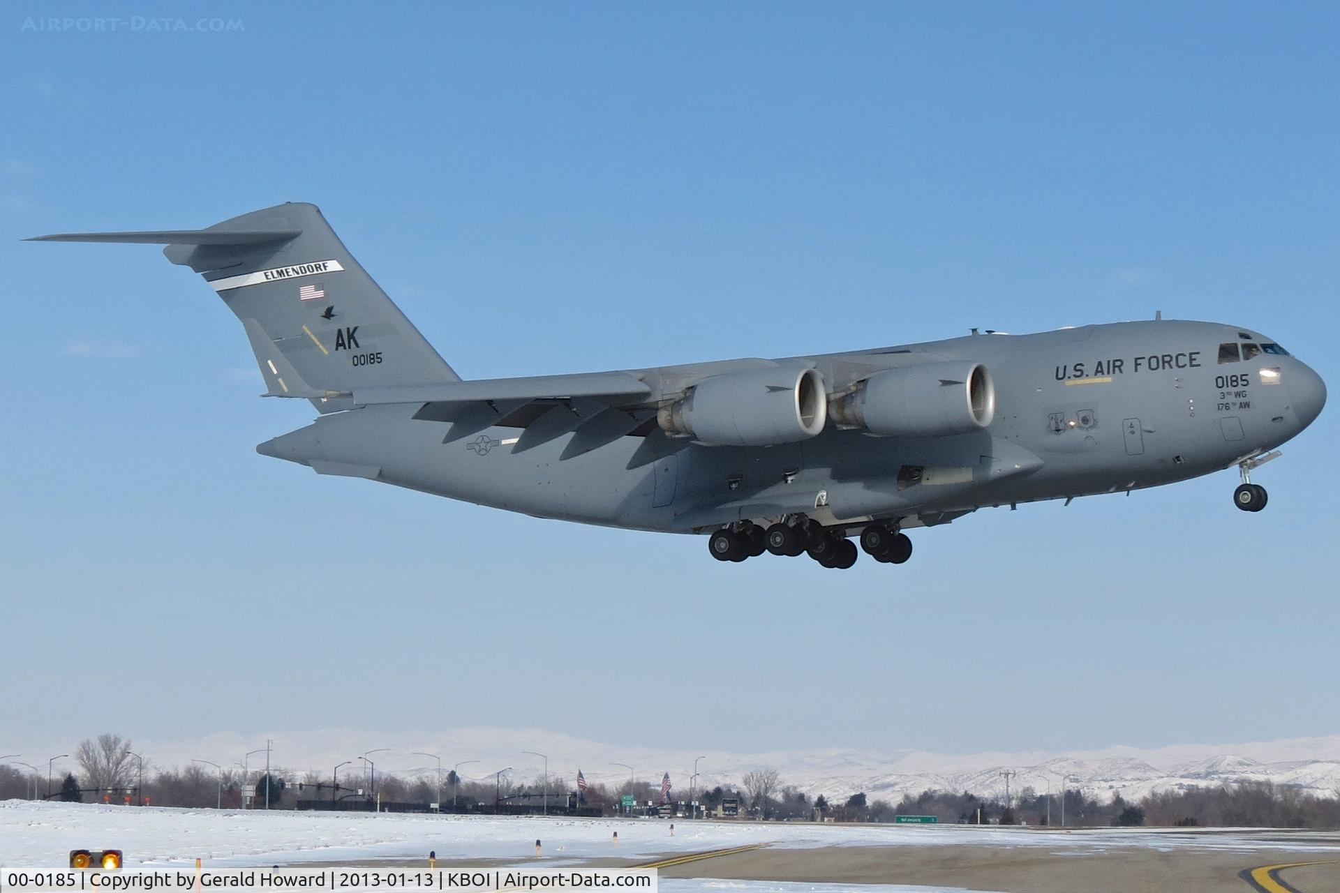 00-0185, 2000 Boeing C-17A Globemaster III C/N 50093/F092, On final for RWY 10R. 3rd AW, Elmendorf AFB, AK.