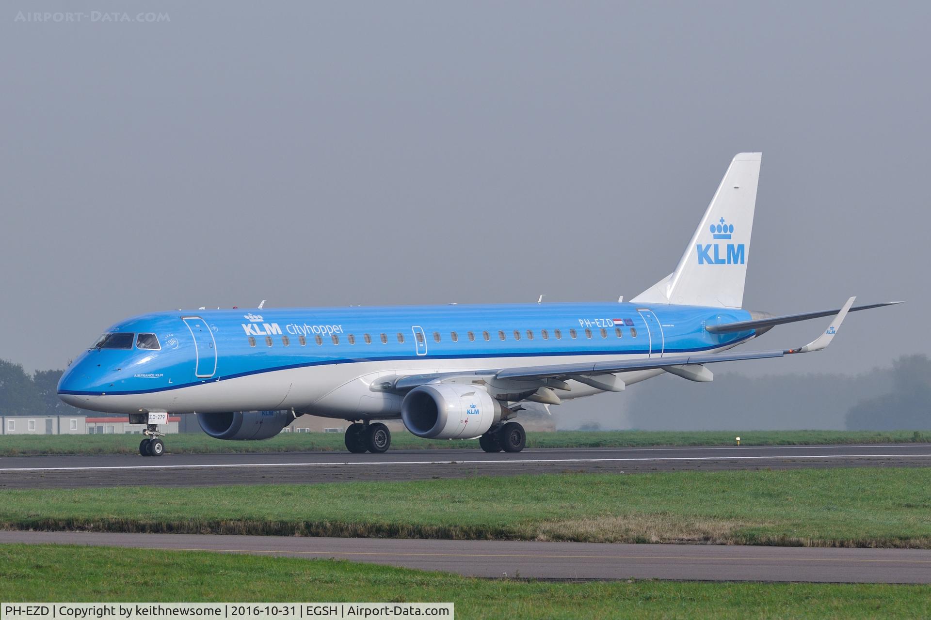 PH-EZD, 2009 Embraer 190LR (ERJ-190-100LR) C/N 19000279, Leaving misty Norwich.