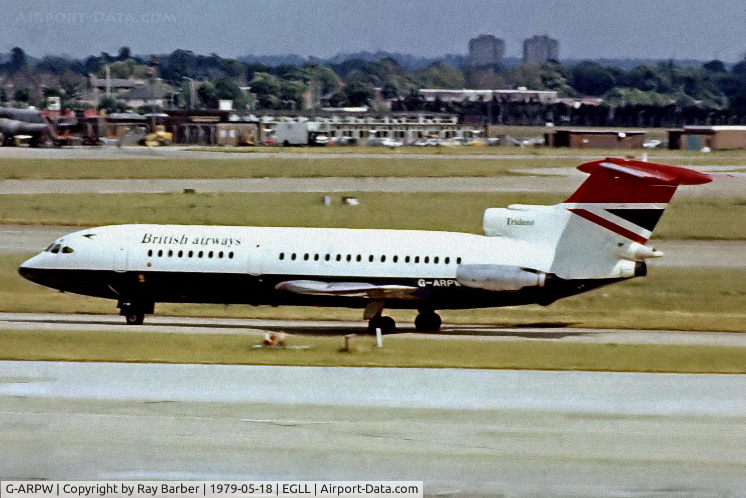 G-ARPW, 1965 Hawker Siddeley HS-121 Trident 1C C/N 2123, Hawker-Siddeley HS-121 Trident 1C [2123] (British Airways) Heathrow~G 18/05/1979. From a slide not the best of images.