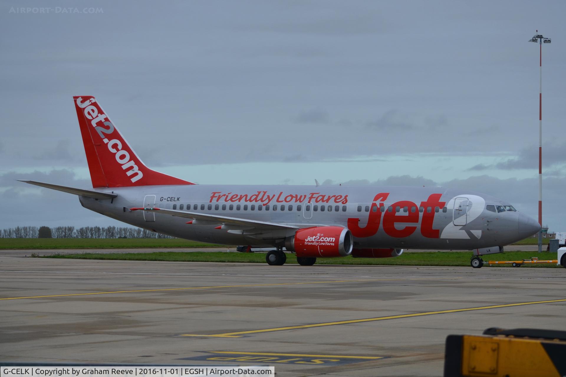 G-CELK, 1986 Boeing 737-330 C/N 23530, Under tow at Norwich.