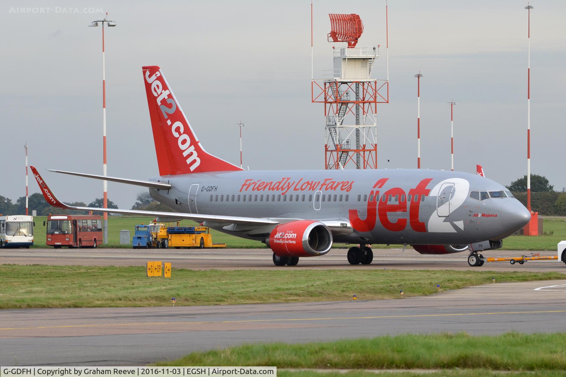 G-GDFH, 1993 Boeing 737-3Y5 C/N 25615, Under tow at Norwich.