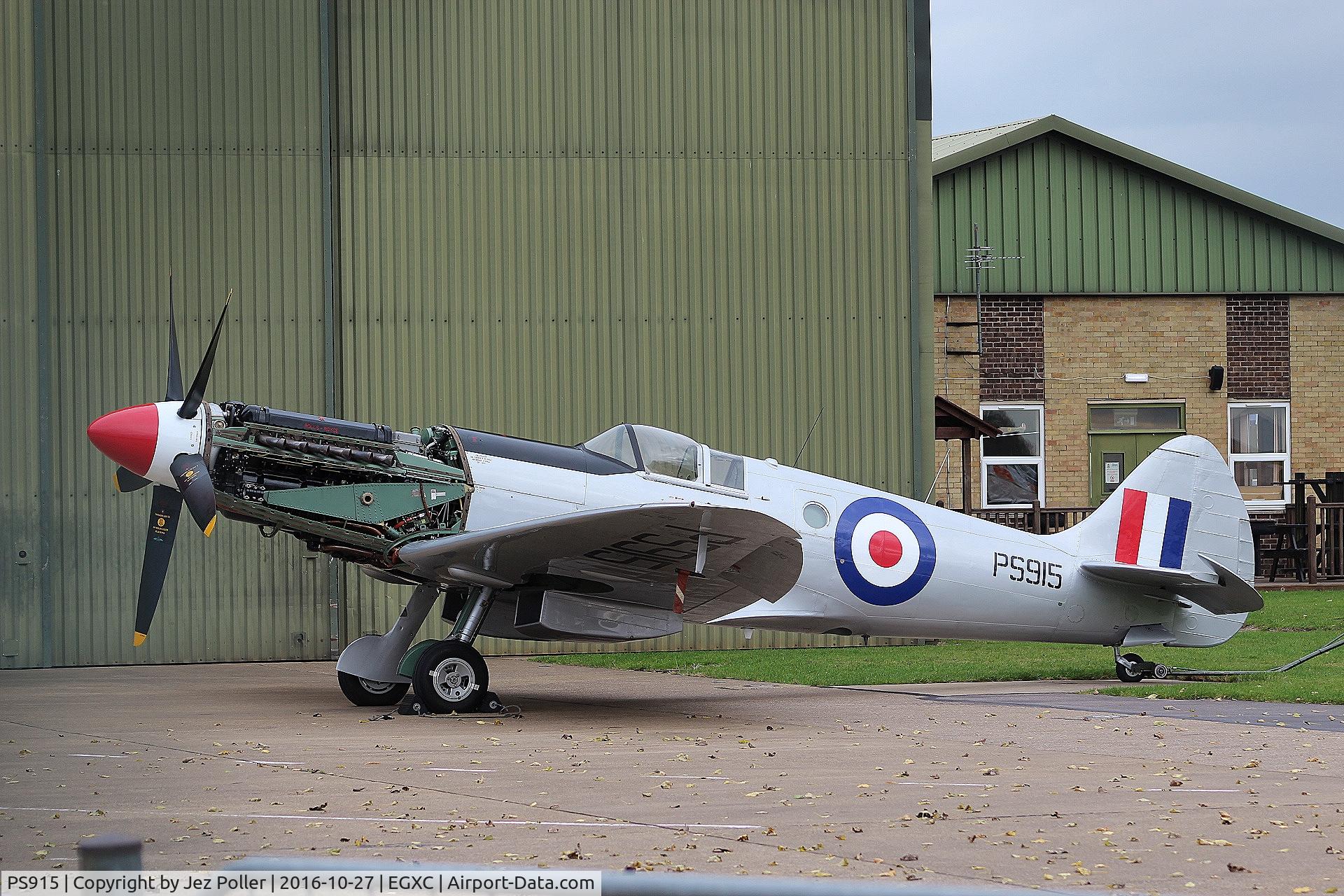 PS915, 1945 Supermarine 389 Spitfire PR.XIX C/N 6S/585121, now fully restored and repainted at Duxford (UK) in the silver colours of Flight Lieutenant Ted Powles AFC who took another Spitfire mkPRXIX to 51500ft a record for piston engines that still stands today, engine cowls removed in photo for engine run ups,