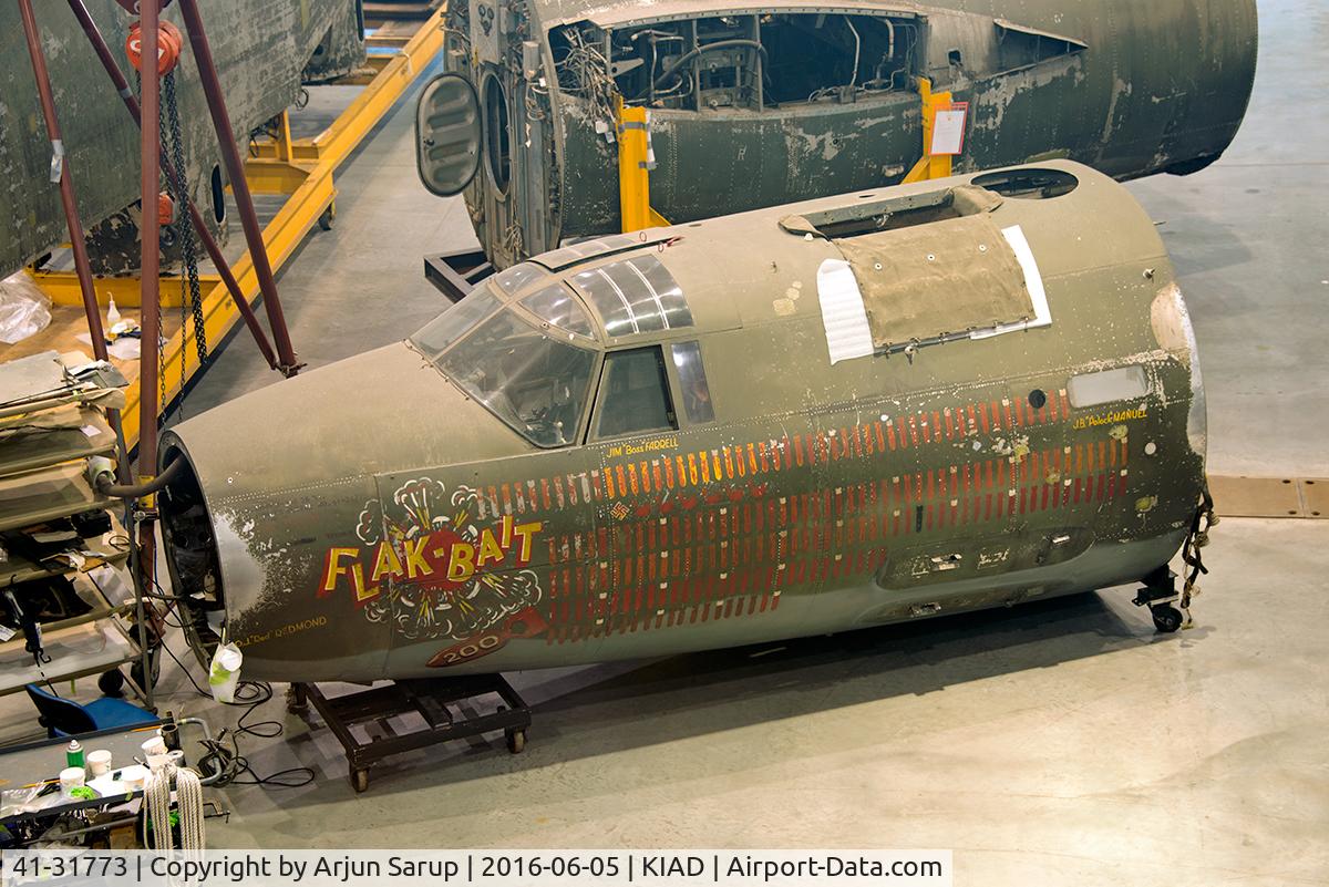 41-31773, 1941 Martin B-26B Marauder C/N 3487, 'Flak-Bait' undergoing restoration at the Mary Baker Engen Restoration Hangar, Steven F. Udvar-Hazy Center. This B-26 flew 207 missions over Europe, the most by any USAAF bomber. Gen. Arnold decided to preserve this veteran of D-Day.