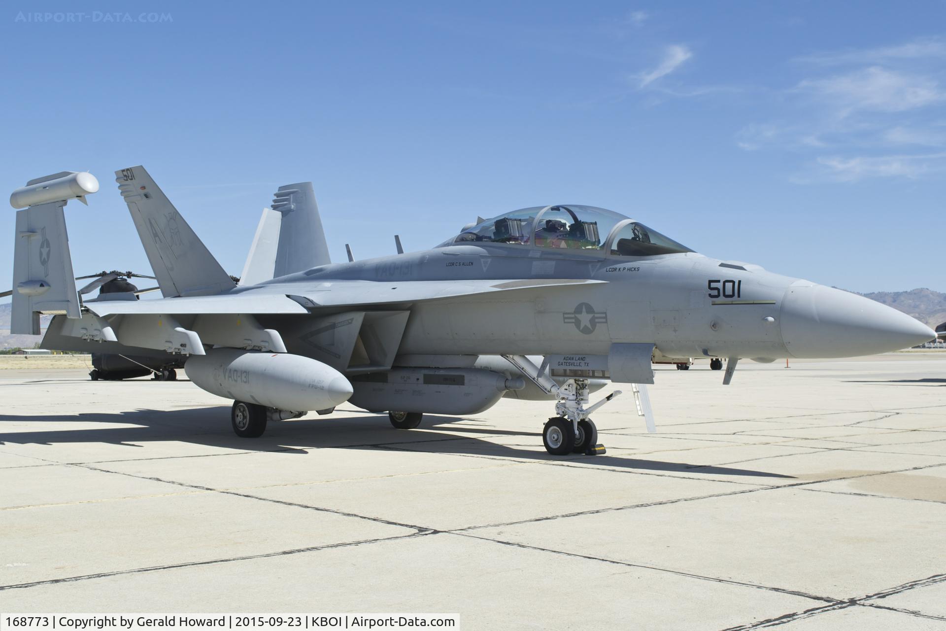 168773, Boeing EA-18G Growler C/N G-87, Parked on Western Air ramp. VAQ-131	“Lancers”,
CVN-77,USS George H.W. Bush