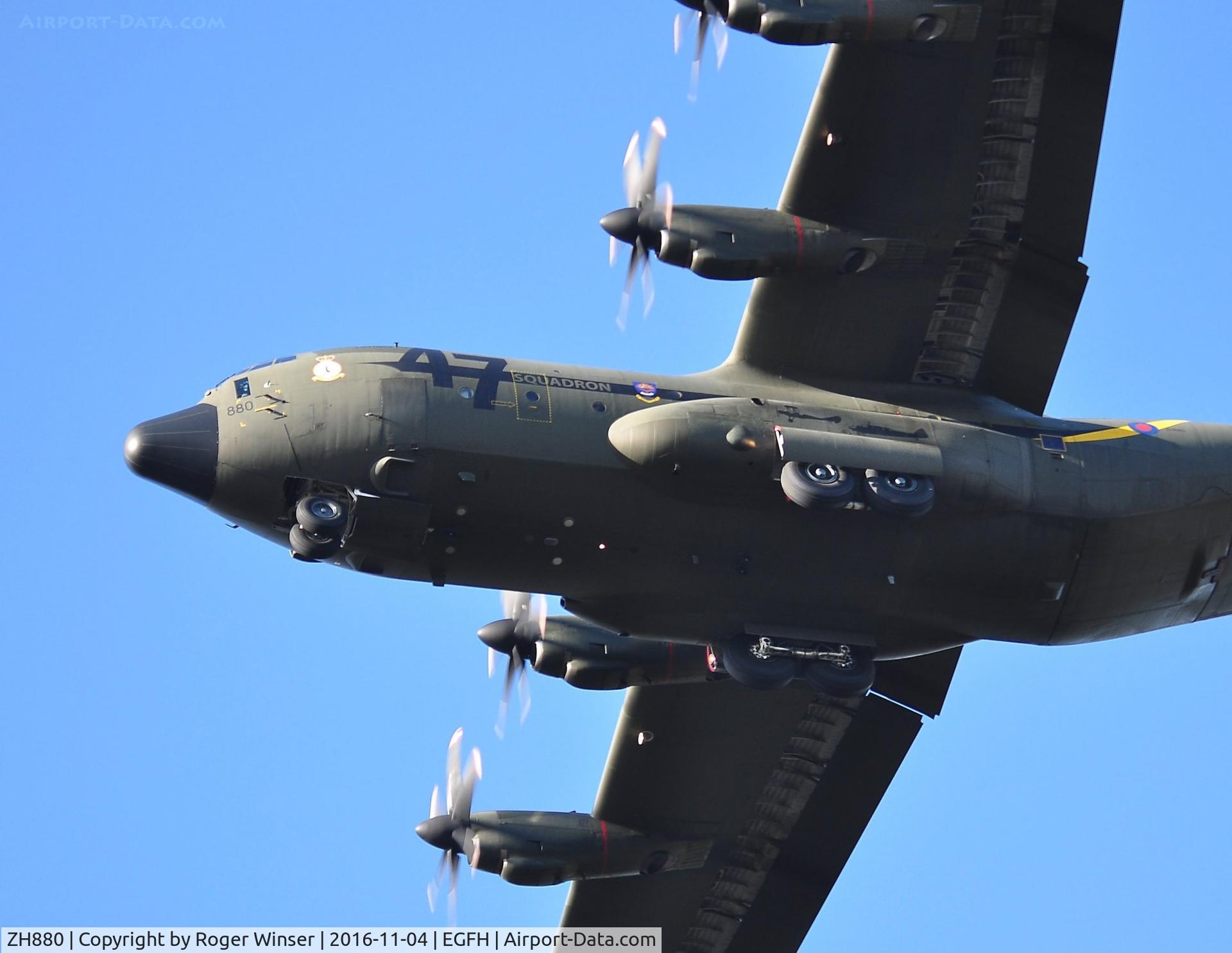 ZH880, 1999 Lockheed Martin C-130J Hercules C.5 C/N 382-5478, Low approach for a pass over Runway 22 by RAF Hercules C.5 aircraft coded 880 of the Brize Norton Transport Wing. Carrying 100th anniversary markings of 47 Squadron RAF.
