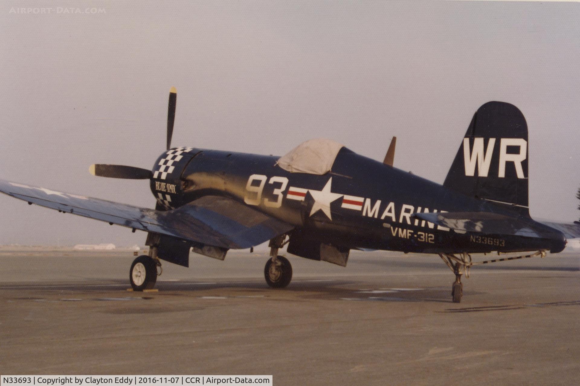 N33693, Vought F4U-7 Corsair C/N Not found (Bu133693), Concord Airport in California, around 1975.