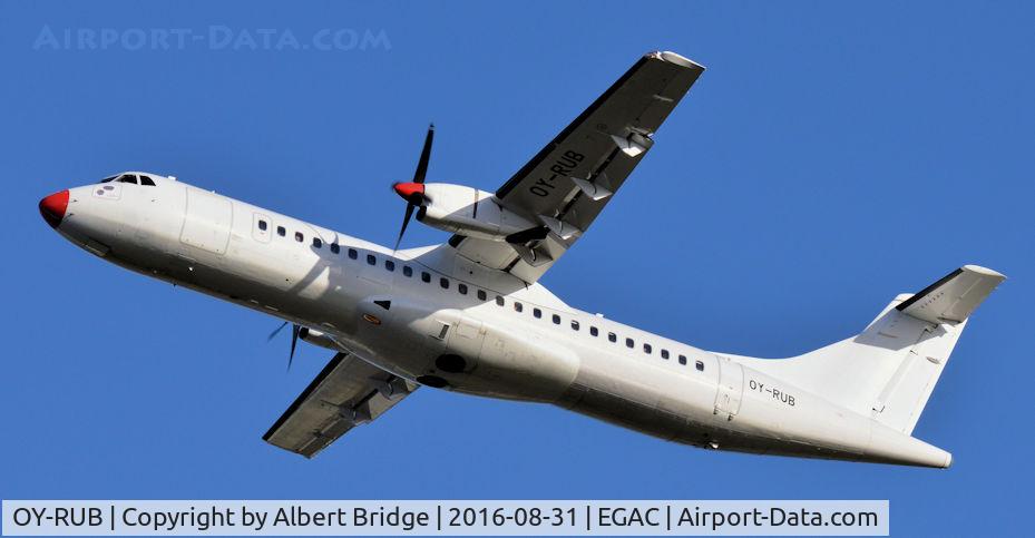 OY-RUB, 1992 ATR 72-202 C/N 301, On short-term charter to flybe departing Belfast City for Birmingham (BHX).