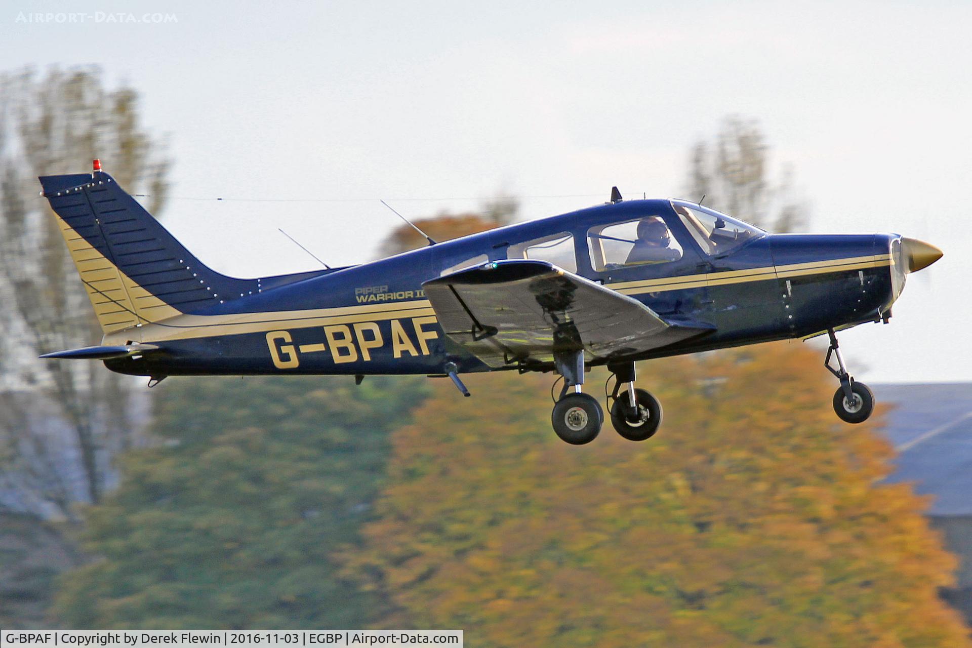 G-BPAF, 1977 Piper PA-28-161 Cherokee Warrior II C/N 28-7716142, Cherokee warrior II, Kemble based, previously N3199Q, seen departing runway 26 for a local flight.