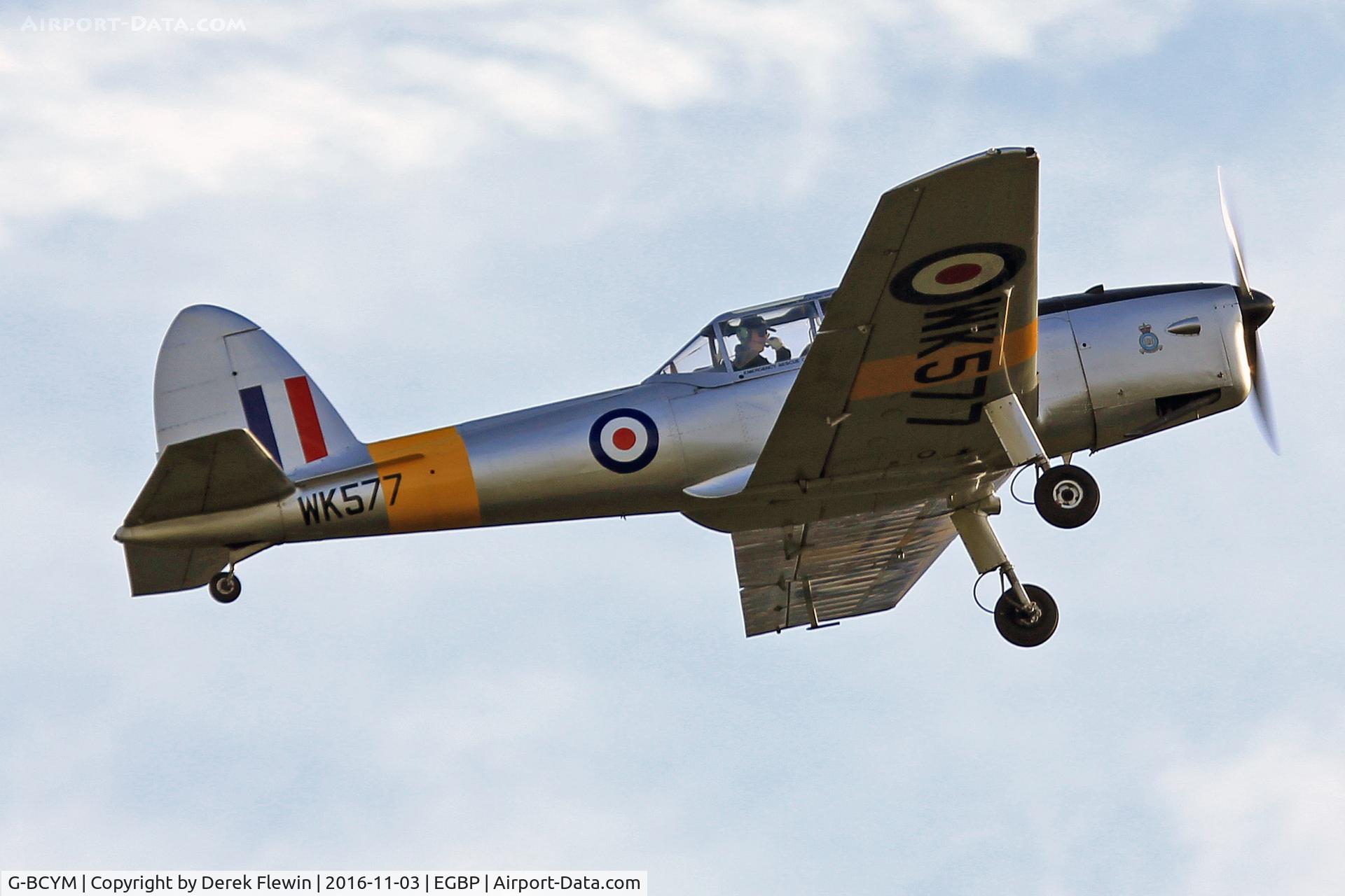G-BCYM, 1950 De Havilland DHC-1 Chipmunk T.10 C/N C1/0598, Chipmunk T.10, Oaksey Park Wiltshire based, previously WK577, seen pulling out from runway 26 following a fly in.