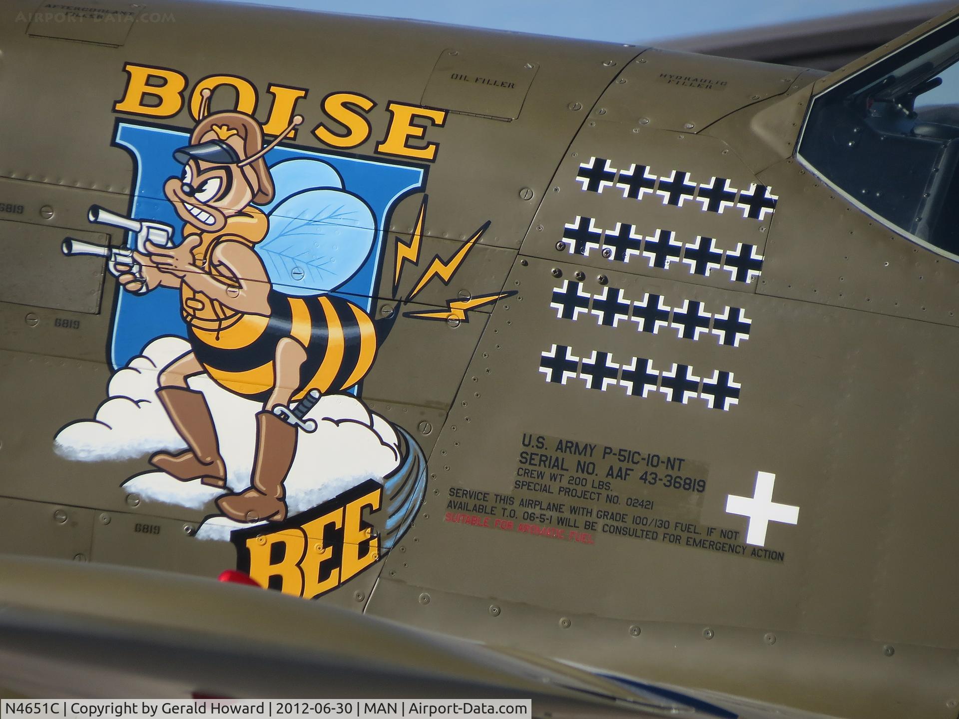 N4651C, 1943 North American P-51C-10 Mustang C/N 104-26688, Boise Bee logo.