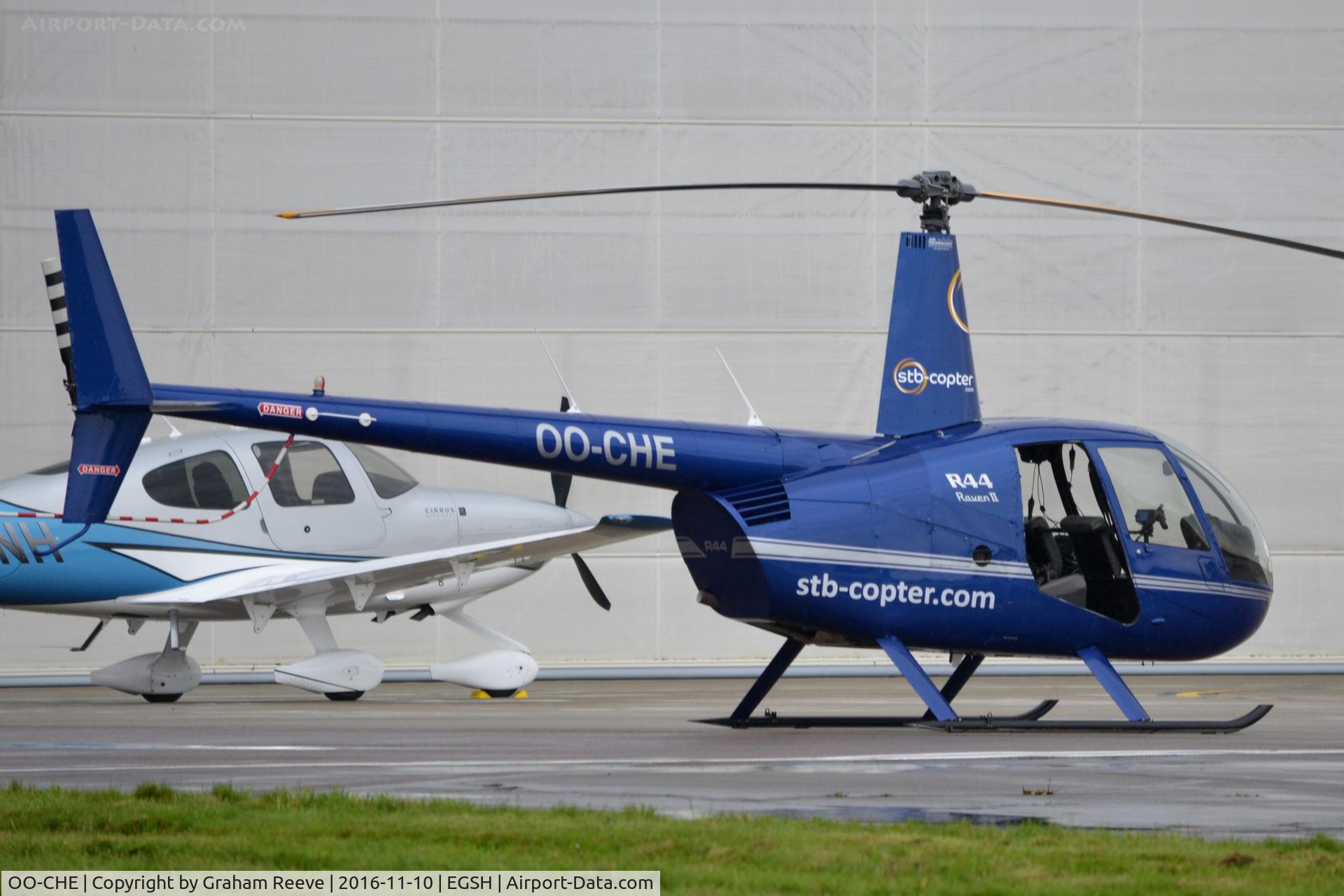 OO-CHE, 2008 Robinson R44 Raven II C/N 12316, Parked at Norwich.
