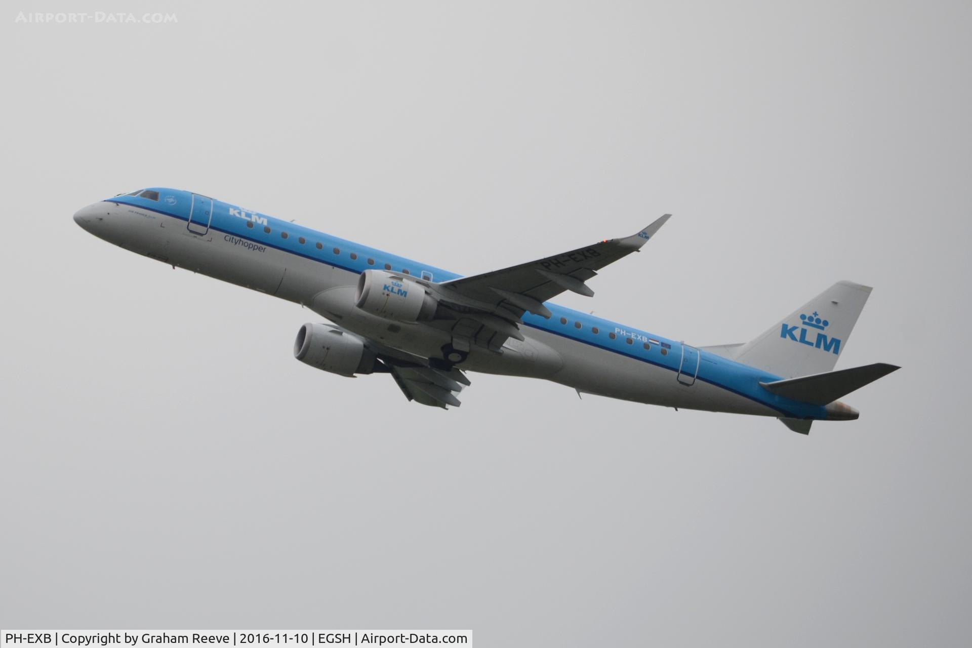 PH-EXB, 2014 Embraer 190STD (ERJ-190-100) C/N 19000658, Departing from Norwich.
