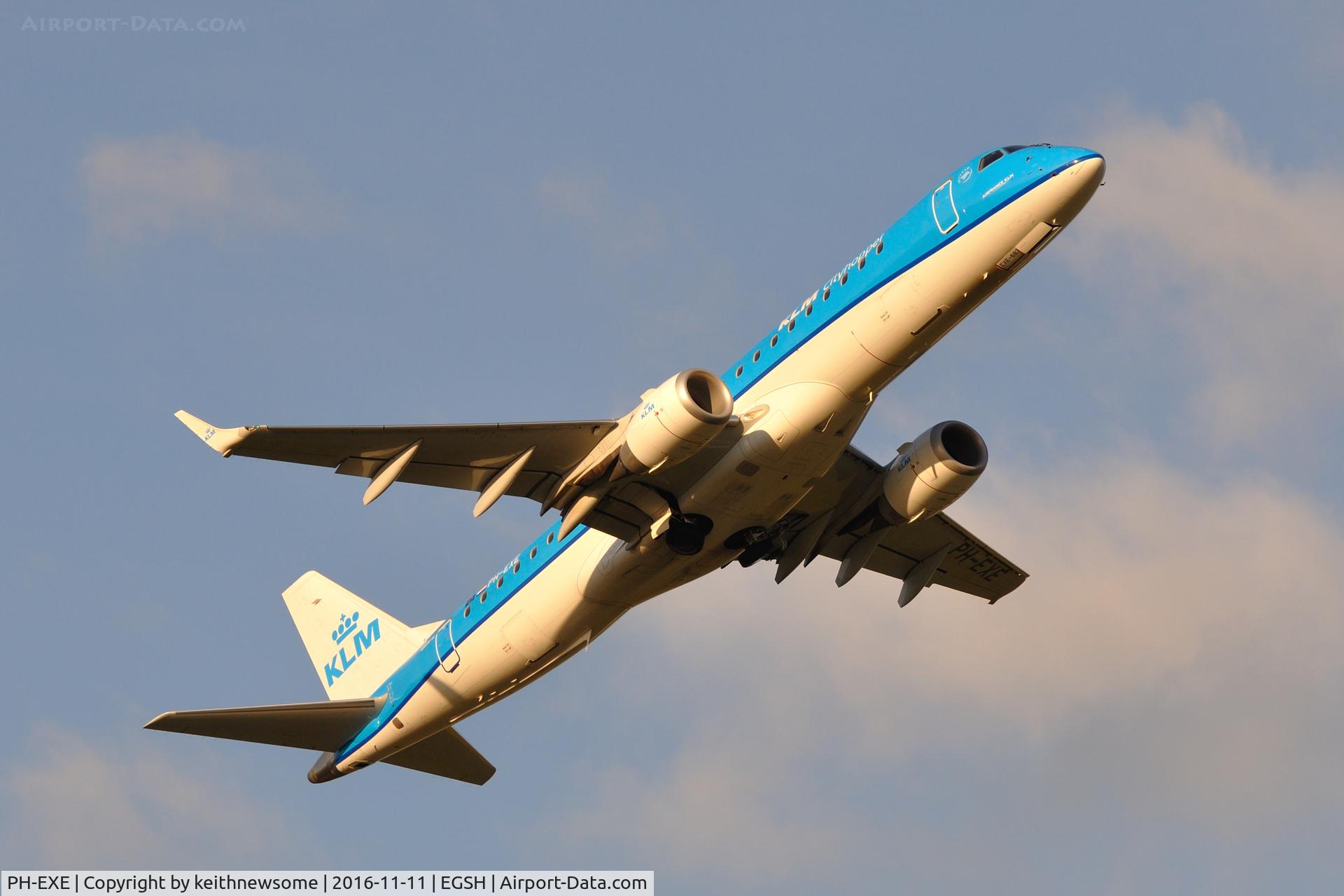 PH-EXE, 2015 Embraer 190STD (ERJ-190-100) C/N 19000687, Leaving Norwich for Amsterdam.