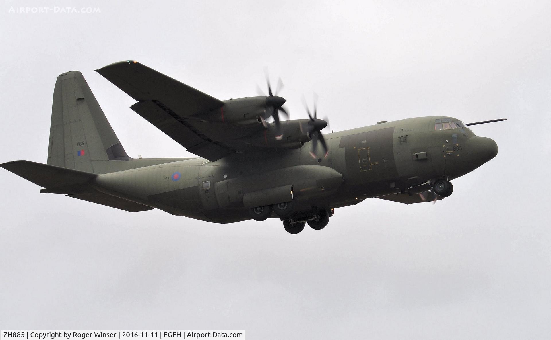 ZH885, 1999 Lockheed Martin C-130J Hercules C.5 C/N 382-5483, RAF Hercules C.5 aircraft coded 885 of the Brize Norton Transport Wing low over Runway 04.