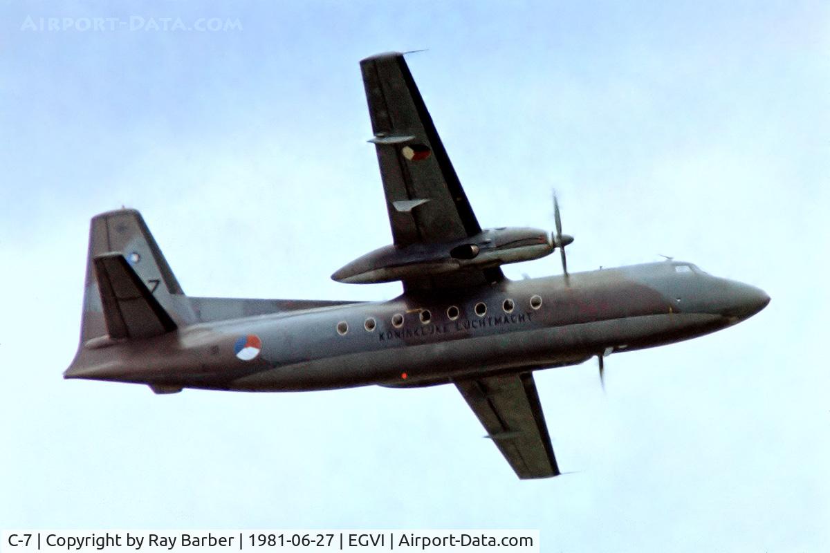 C-7, 1960 Fokker F-27-300M Troopship C/N 10157, Fokker F-27-300M Troopship [10157] (Royal Netherlands Air Force) RAF Greenham Common~ 27/06/1981. From a slide.