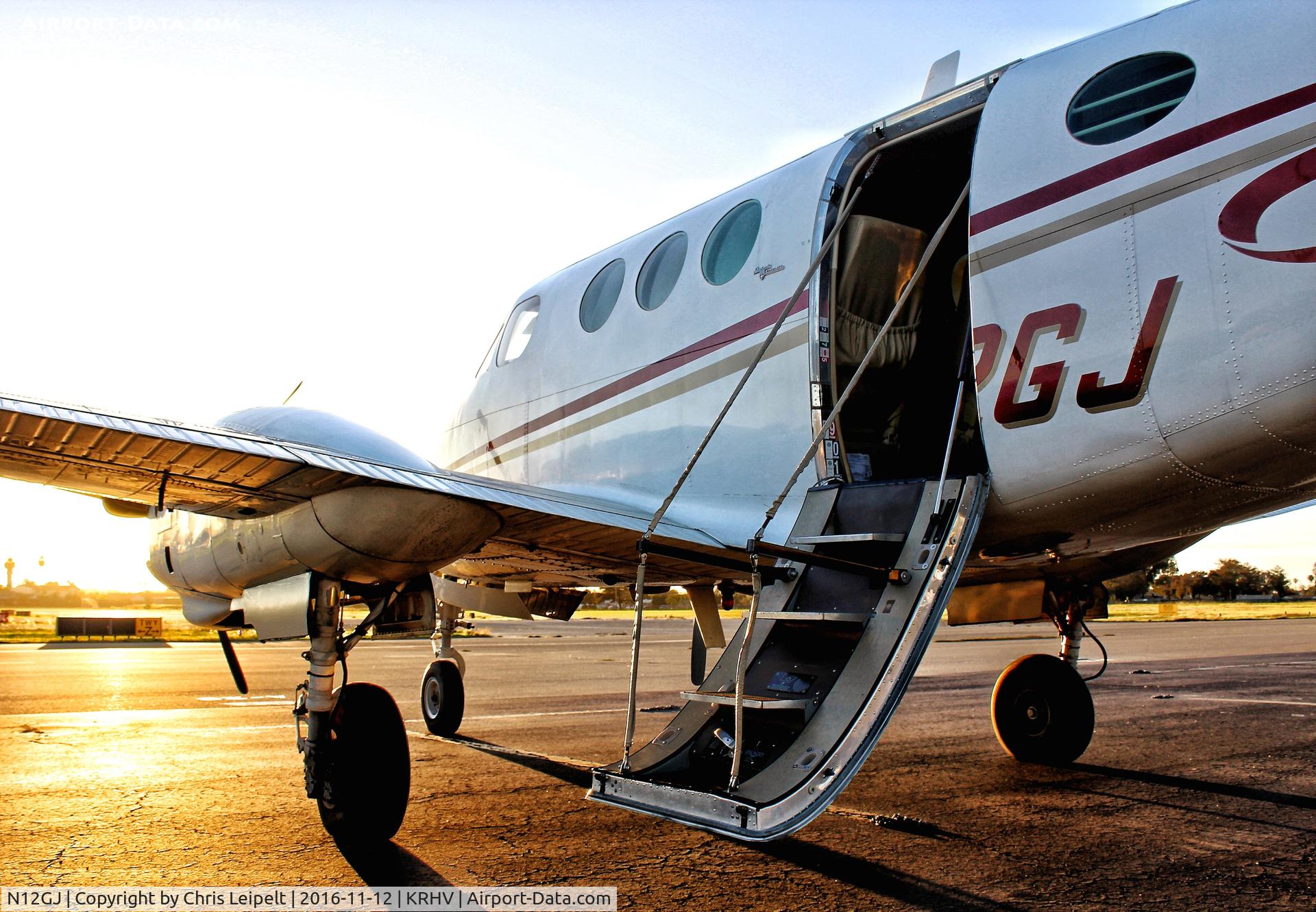 N12GJ, 1972 Beech E-90 King Air C/N LW-12, Locally-based 1972 Beechcraft King Air E90 parked at a temporary tie down during golden hour at Reid Hillview Airport, San Jose, CA.