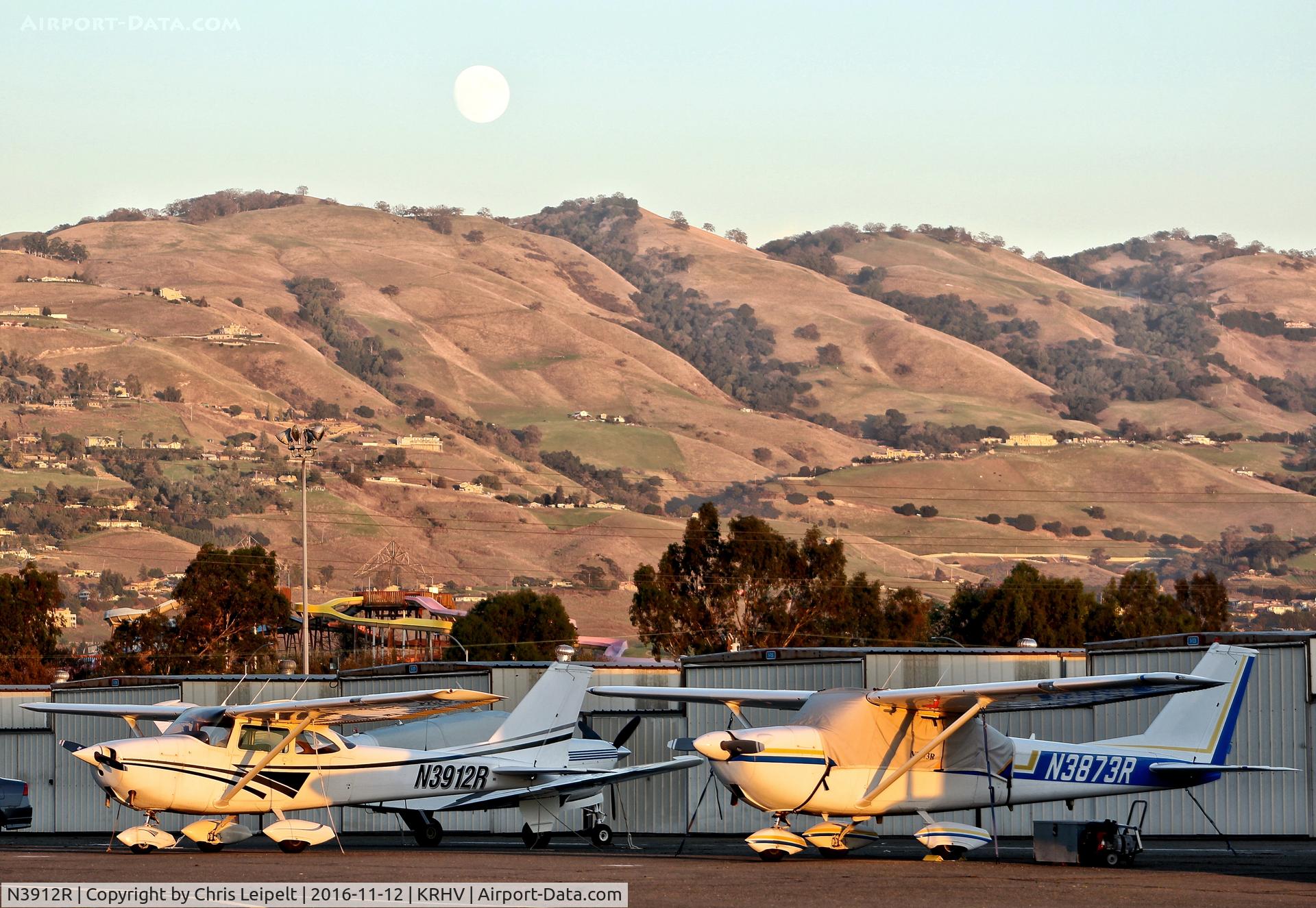 N3912R, 1966 Cessna 172H C/N 17255412, Locally-based 1966 Cessna 172H parked at its tie down at Reid Hillview Airport, San Jose, CA. Full moon in background.
