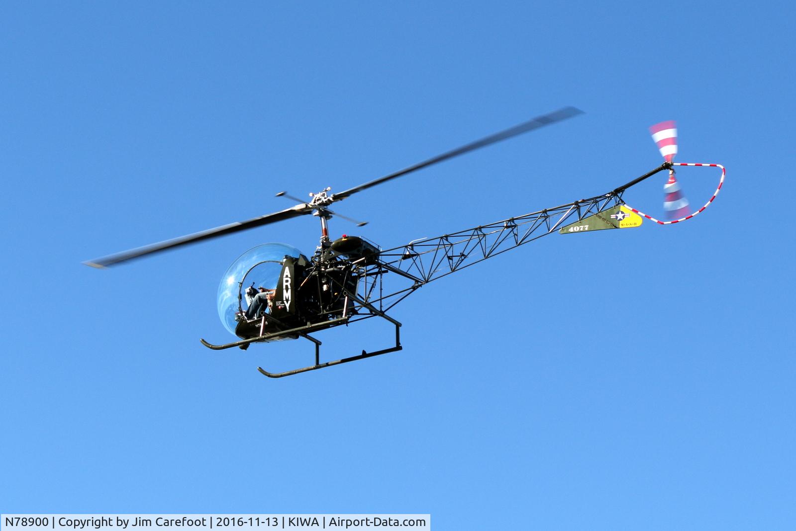 N78900, 1952 Bell 47D-1 C/N 480, Seen at Phoenix-Mesa Gateway Airport in Arizona. Looking and sounding great.