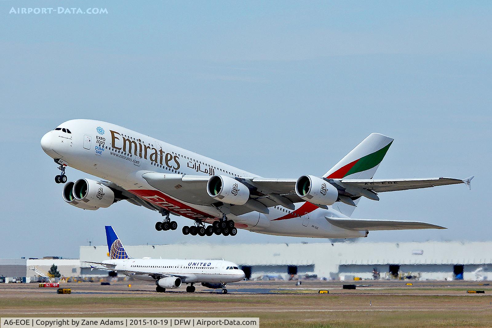 A6-EOE, 2014 Airbus A380-861 C/N 169, Departing DFW Airport