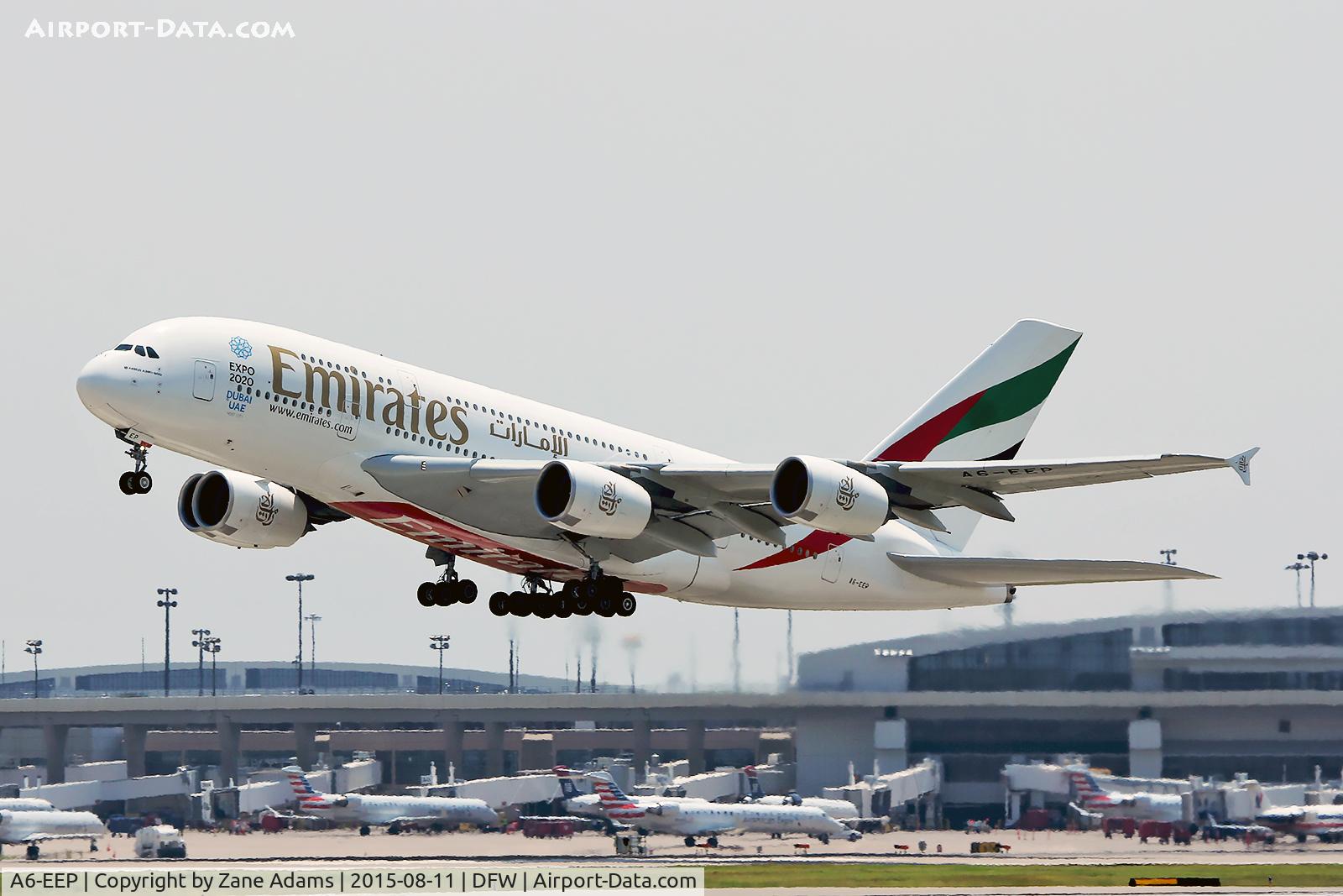 A6-EEP, 2013 Airbus A380-861 C/N 138, Departing DFW Airport