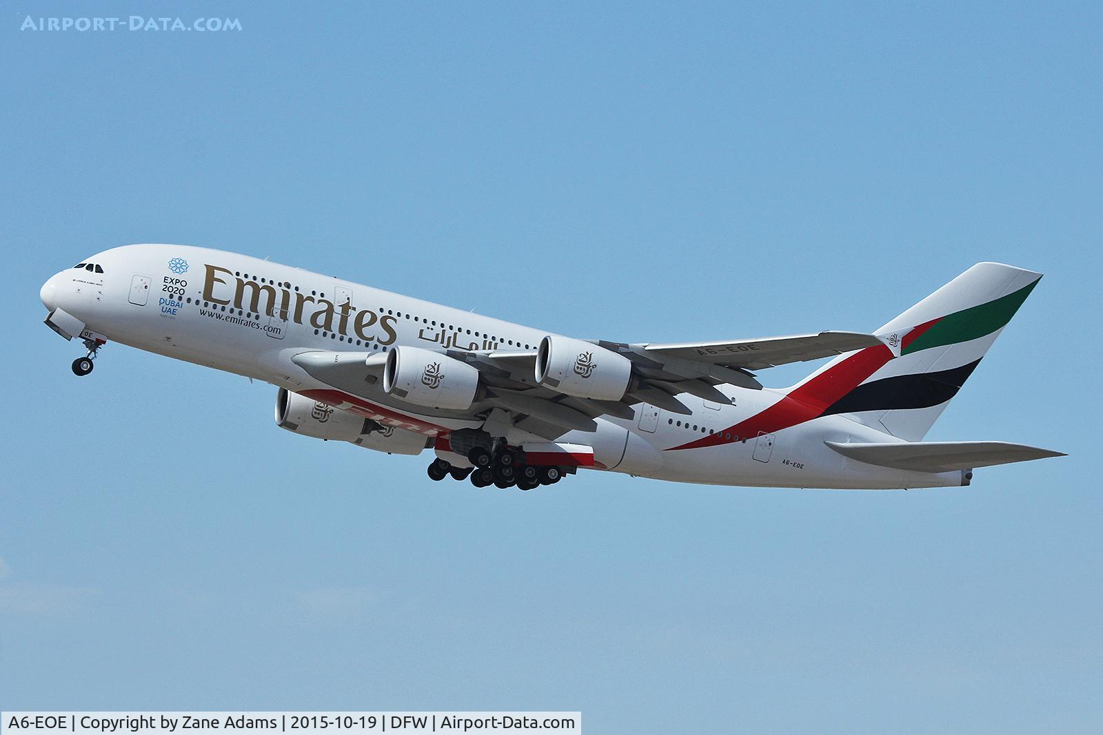 A6-EOE, 2014 Airbus A380-861 C/N 169, Departing DFW Airport