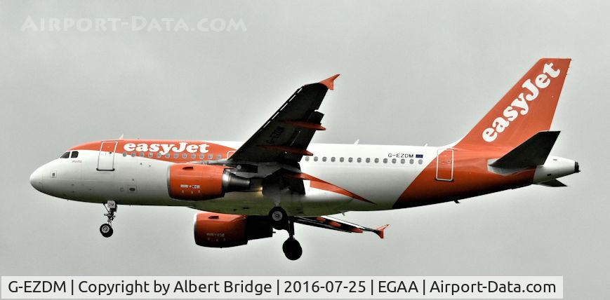 G-EZDM, 2008 Airbus A319-111 C/N 3571, Manchester flight on final approach to Belfast International.