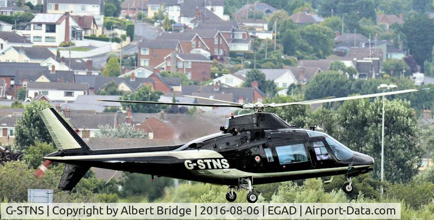 G-STNS, 1985 Agusta A-109A-2 C/N 7324, Departing Newtownards.