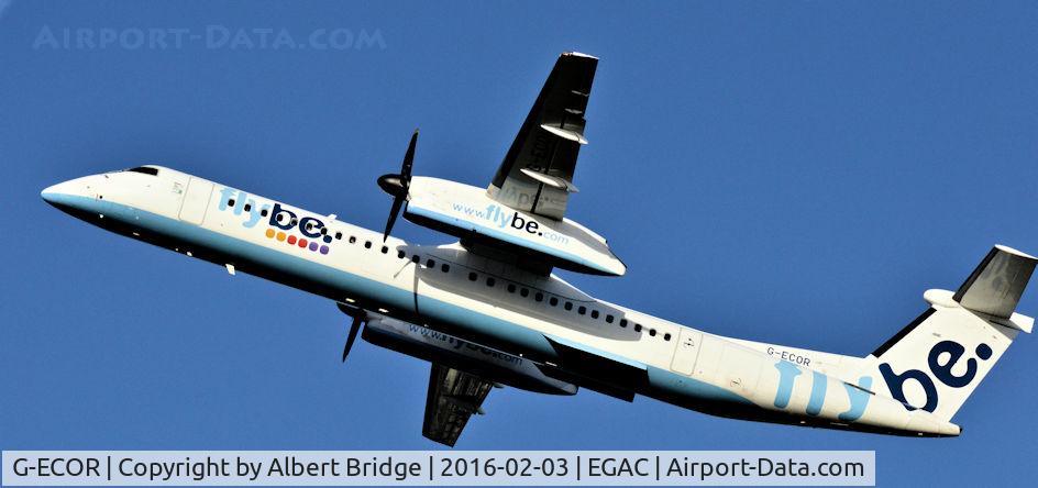 G-ECOR, 2009 De Havilland Canada DHC-8-402Q Dash 8 C/N 4248, Departing Belfast City for Manchester.